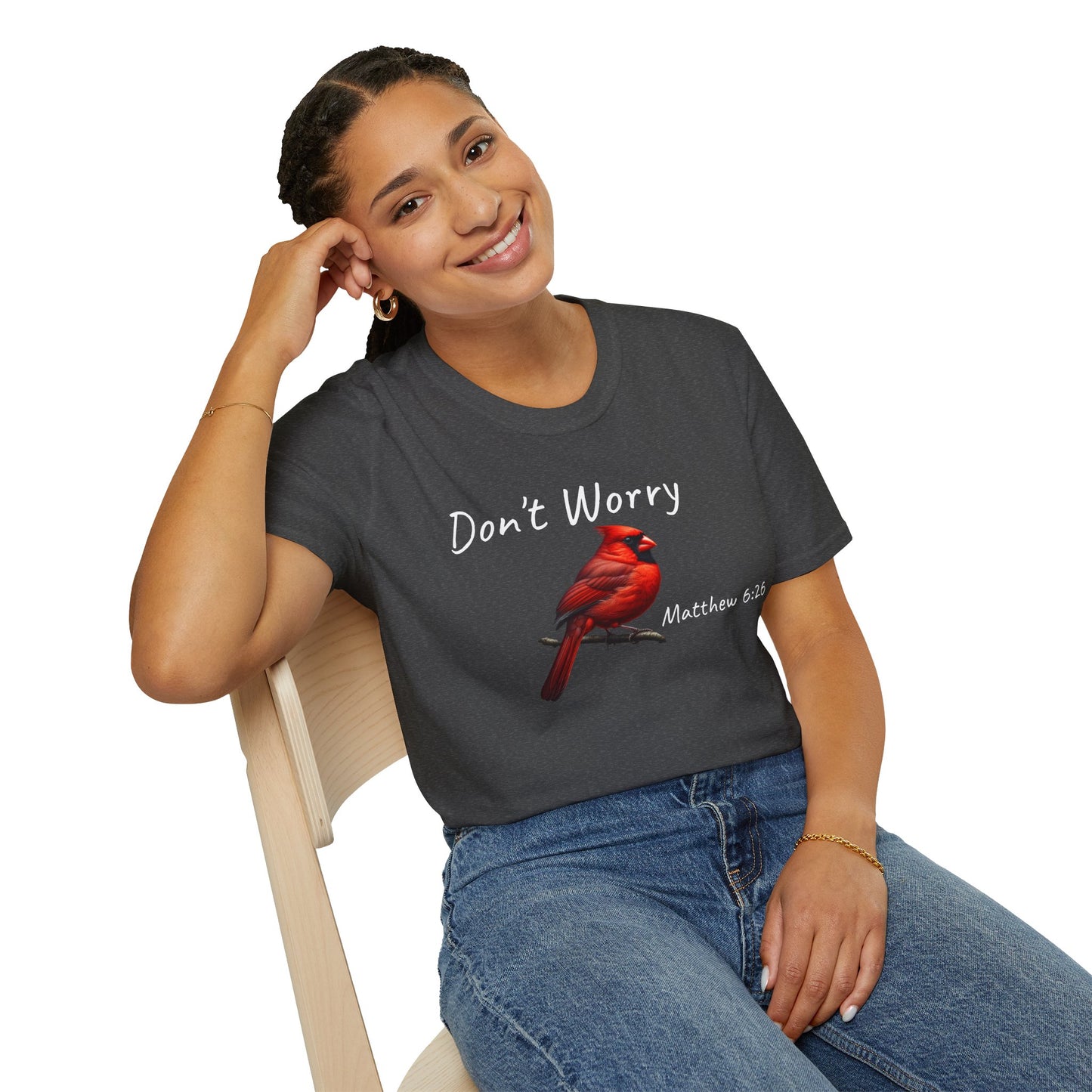 Christian Unisex Softstyle T-Shirt - "Don't Worry" Cardinal Design Matthew 6:26