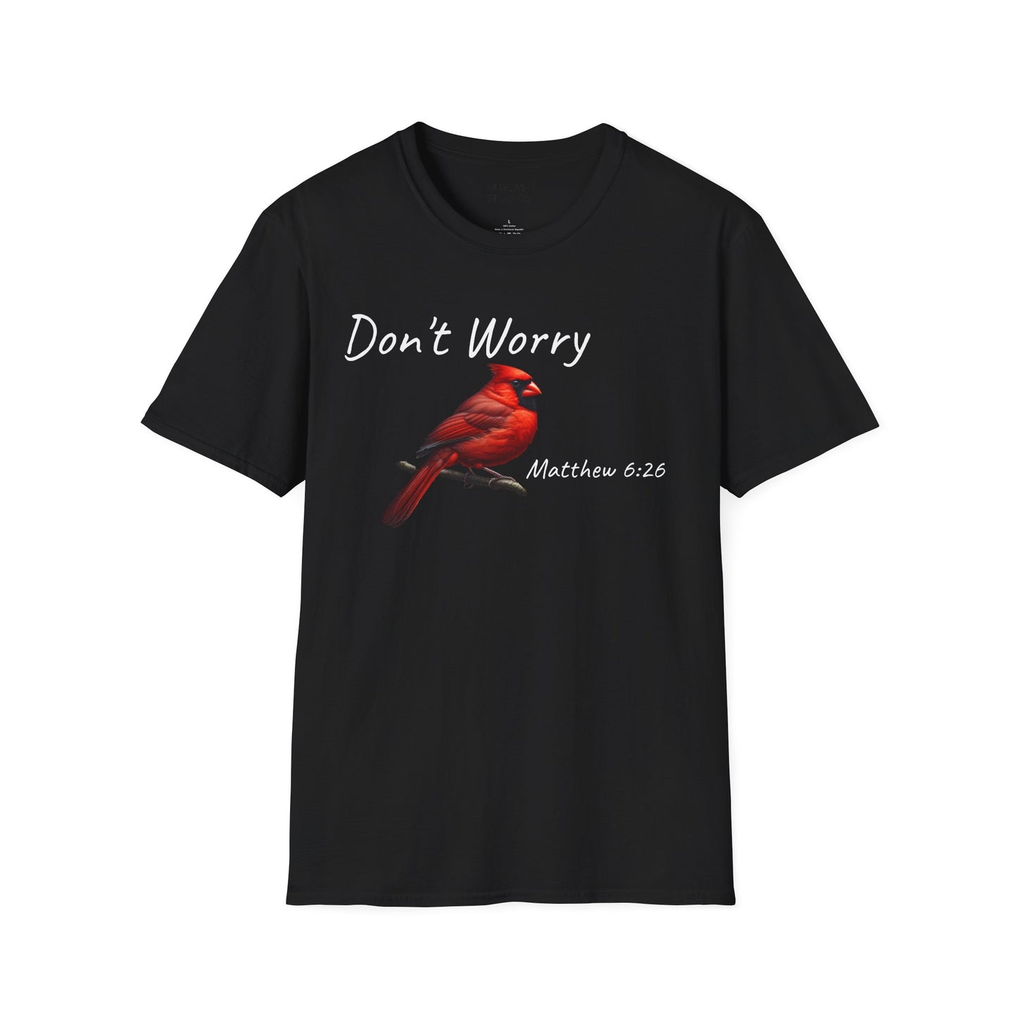 Christian Unisex Softstyle T-Shirt - "Don't Worry" Cardinal Design Matthew 6:26