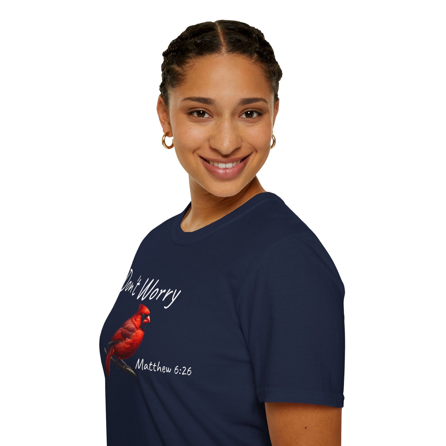 Christian Unisex Softstyle T-Shirt - "Don't Worry" Cardinal Design Matthew 6:26