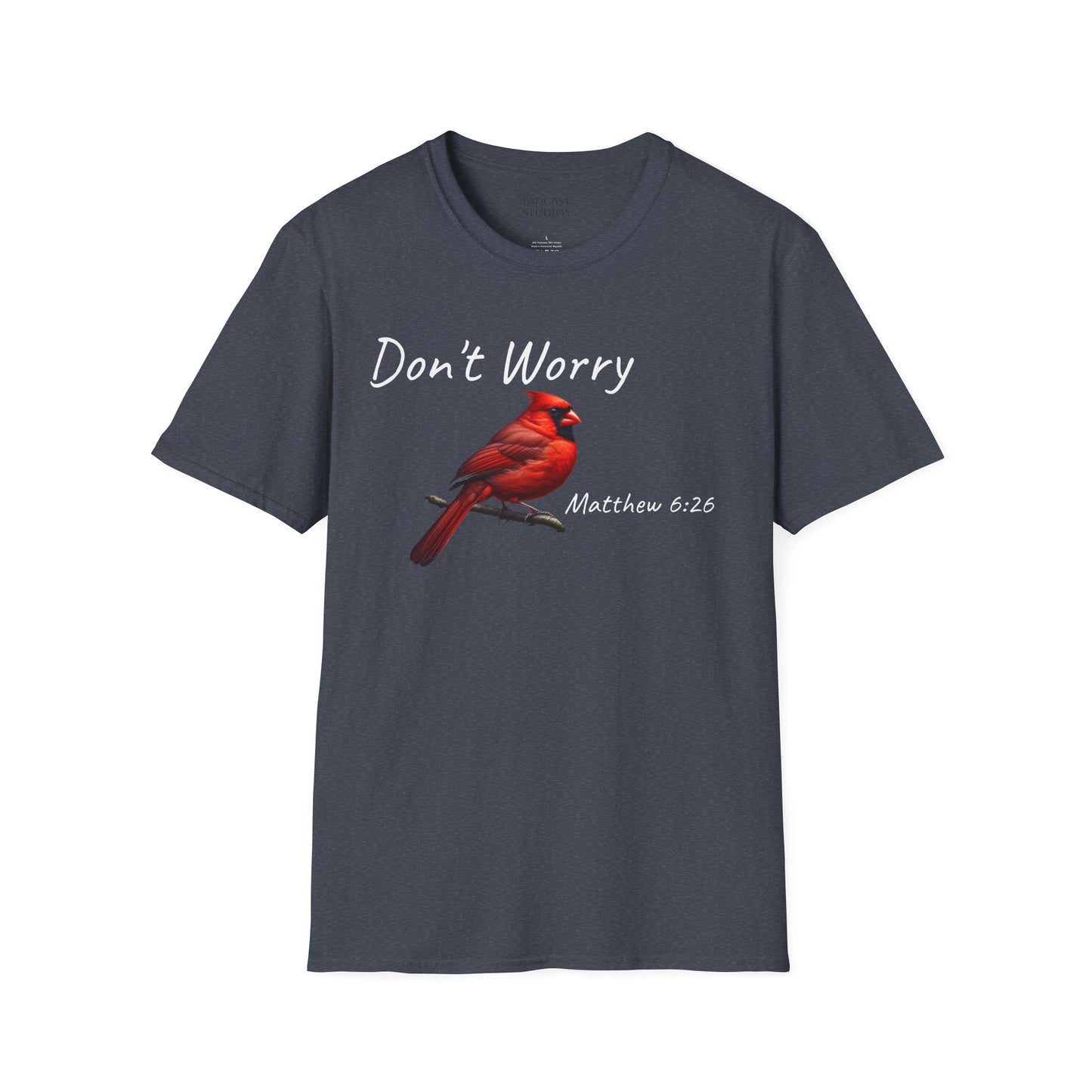 Christian Unisex Softstyle T-Shirt - "Don't Worry" Cardinal Design Matthew 6:26