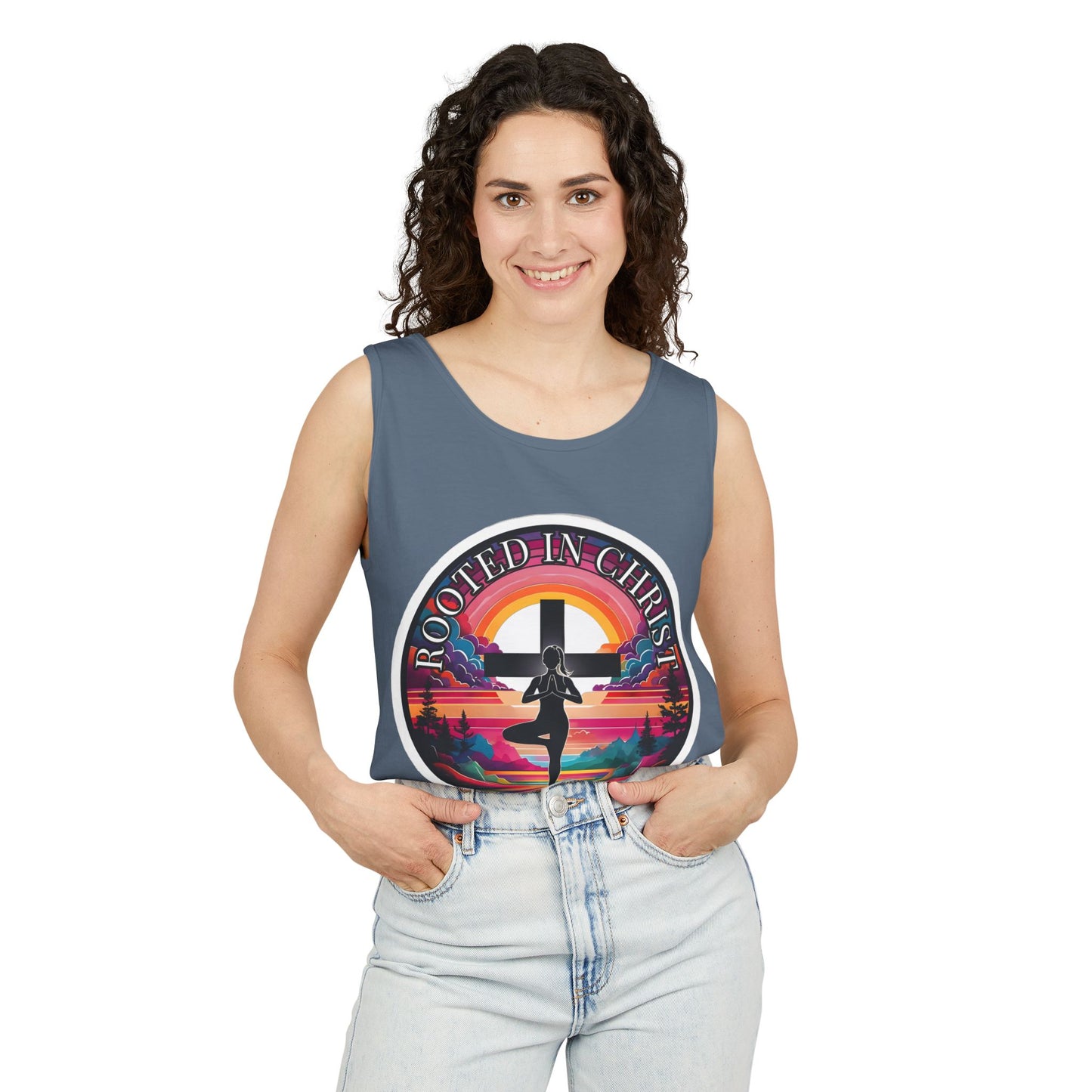 Rooted in Christ Tank Top, Spiritual Christian Yoga Apparel, Peaceful Jesus Vibes, Christian Exercise Gift