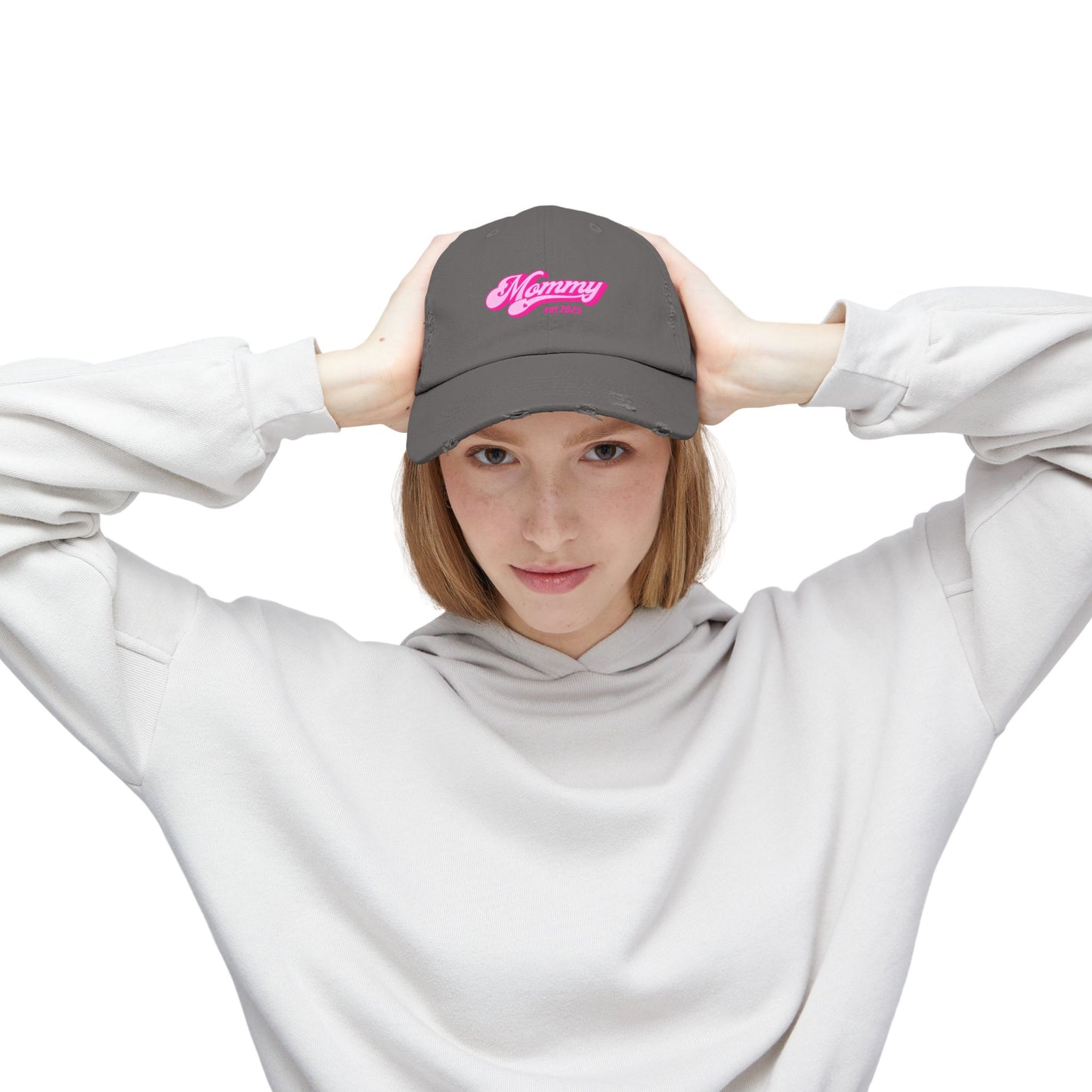 Stylish Distressed Hat - 'Mommy est 2025'