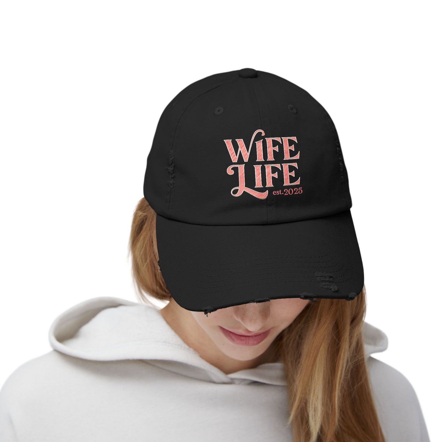 Wife Life Est. 2025 Distressed Ball Cap. Trendy Gift for Newlyweds and Proud Wives! Perfect for Celebrating New Beginnings