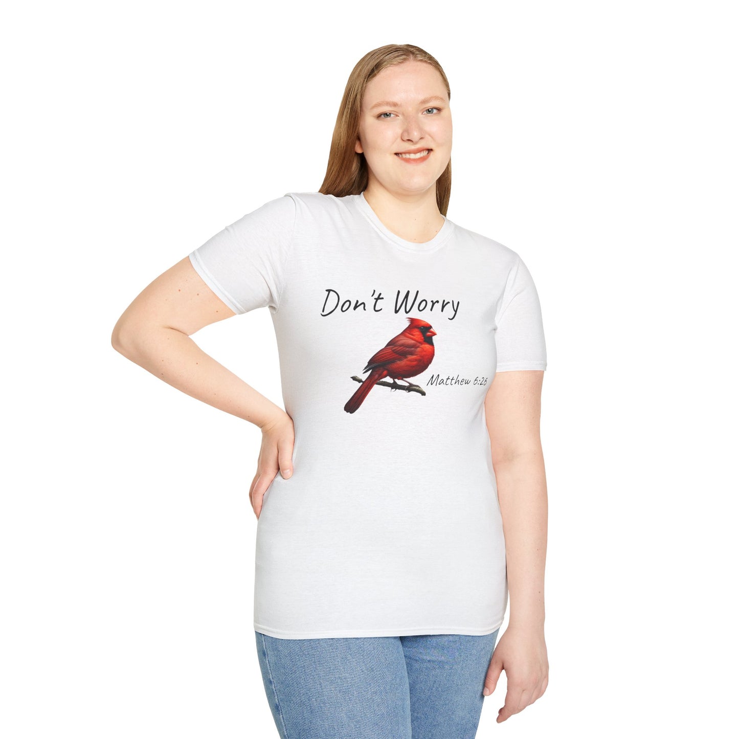 Christian Unisex Softstyle T-Shirt - "Don't Worry" Cardinal Design Matthew 6:26