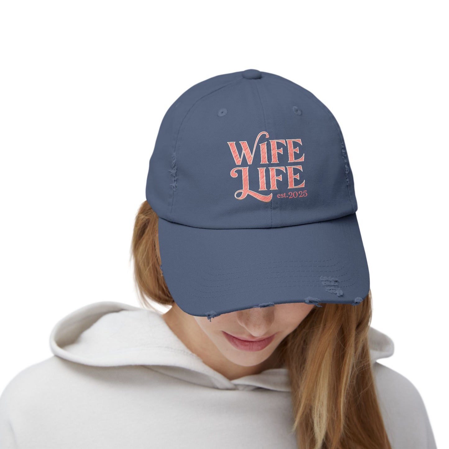 Wife Life Est. 2025 Distressed Ball Cap. Trendy Gift for Newlyweds and Proud Wives! Perfect for Celebrating New Beginnings