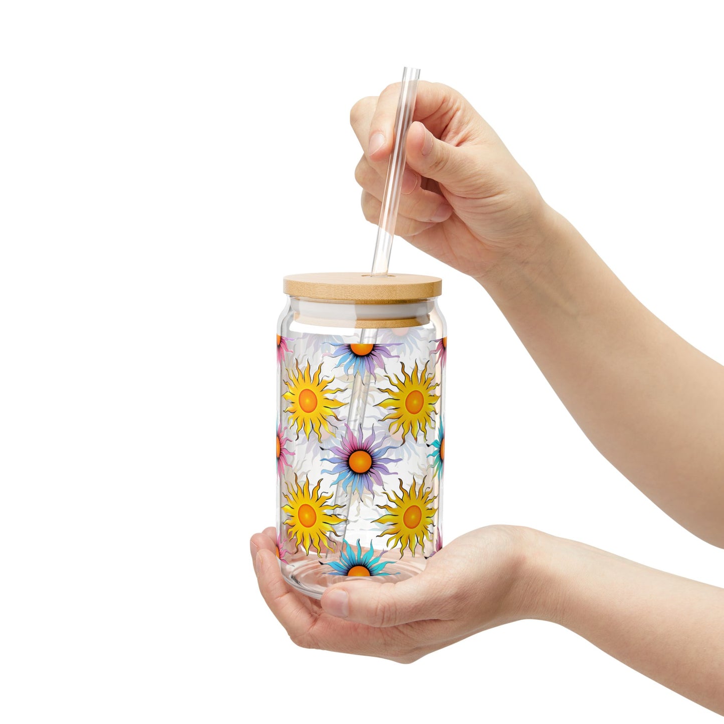 Glass Tumbler, Colorful Vibrant Summer Suns Design, 16oz with Bamboo Lid & Straw