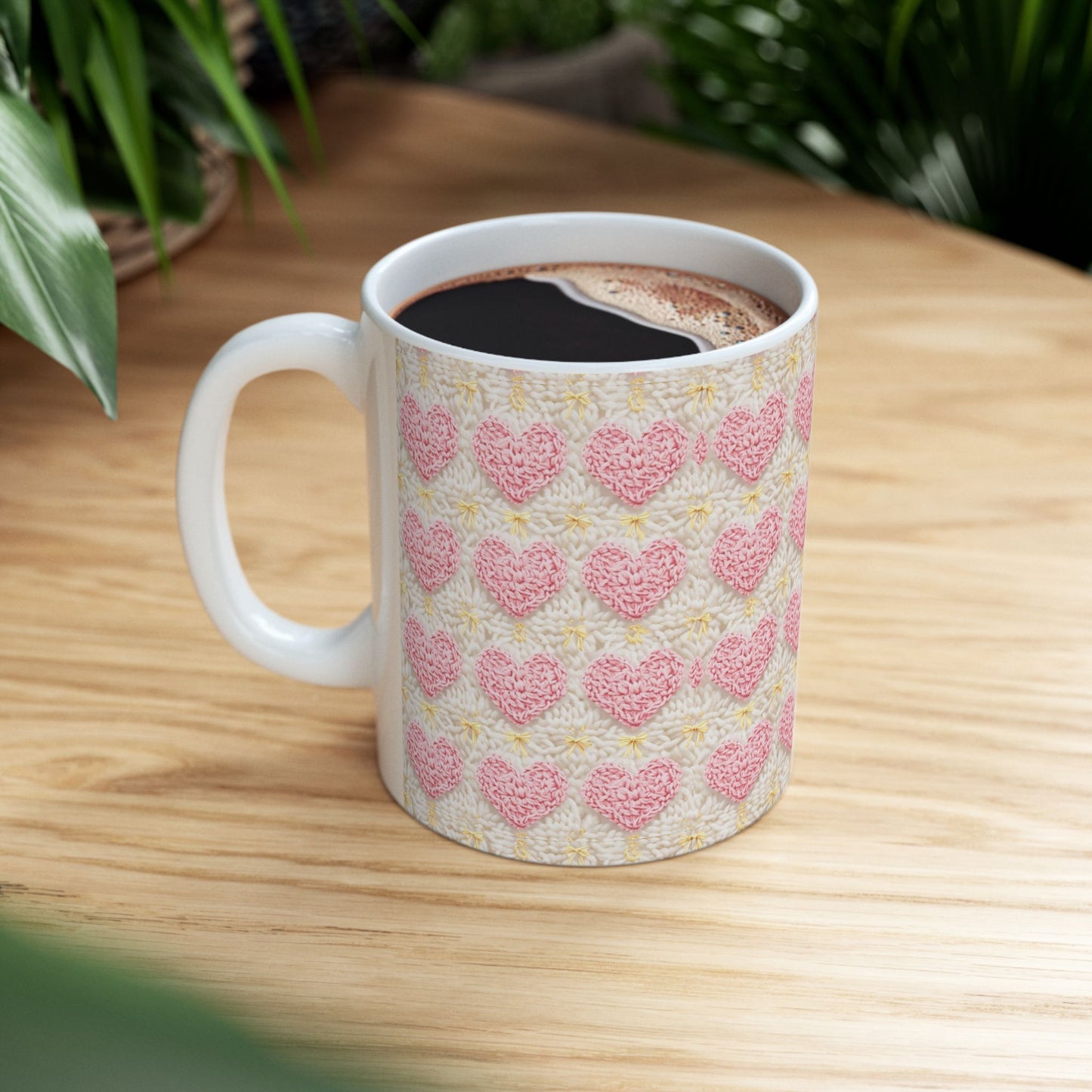 Crochet Love Heart Pattern Ceramic Mug - Perfect for Valentine's Day and Cozy Moments