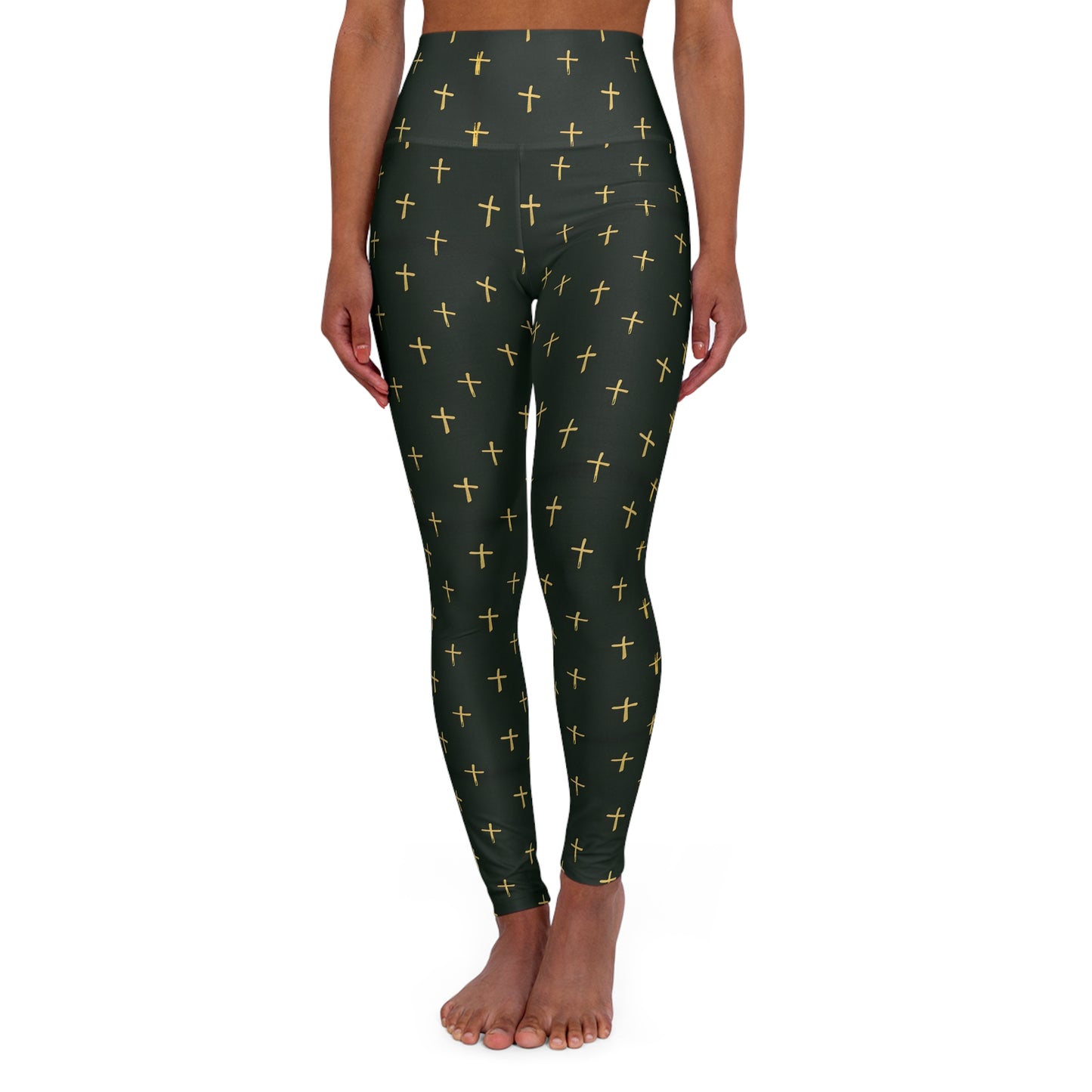 High Waisted Yoga Leggings with Gold Cross Design on Dark Green Background -Elevate Your Workout