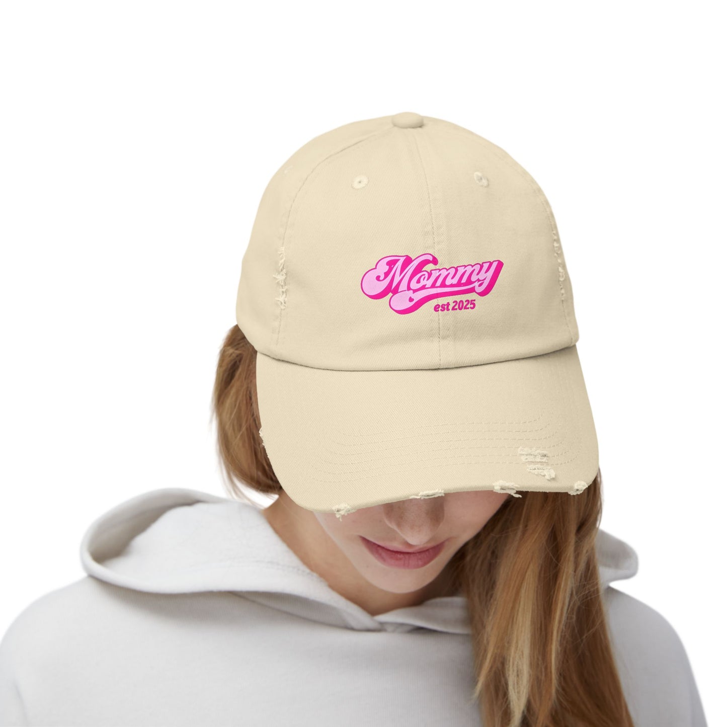 Stylish Distressed Hat - 'Mommy est 2025'