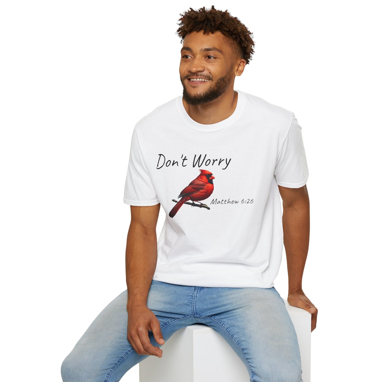 Christian Unisex Softstyle T-Shirt - "Don't Worry" Cardinal Design Matthew 6:26