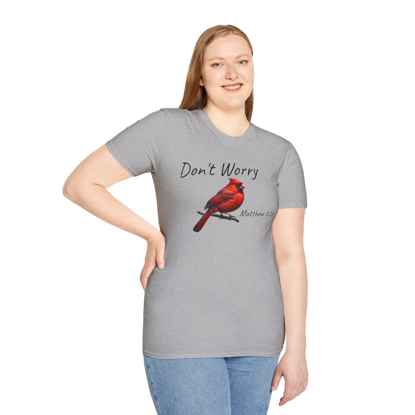 Christian Unisex Softstyle T-Shirt - "Don't Worry" Cardinal Design Matthew 6:26
