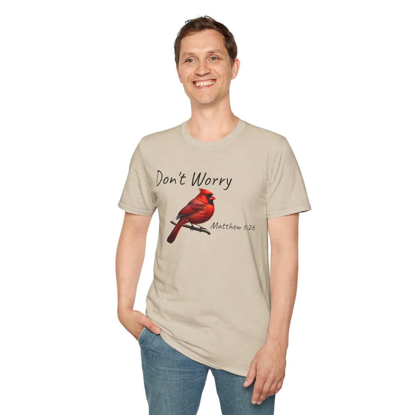 Christian Unisex Softstyle T-Shirt - "Don't Worry" Cardinal Design Matthew 6:26