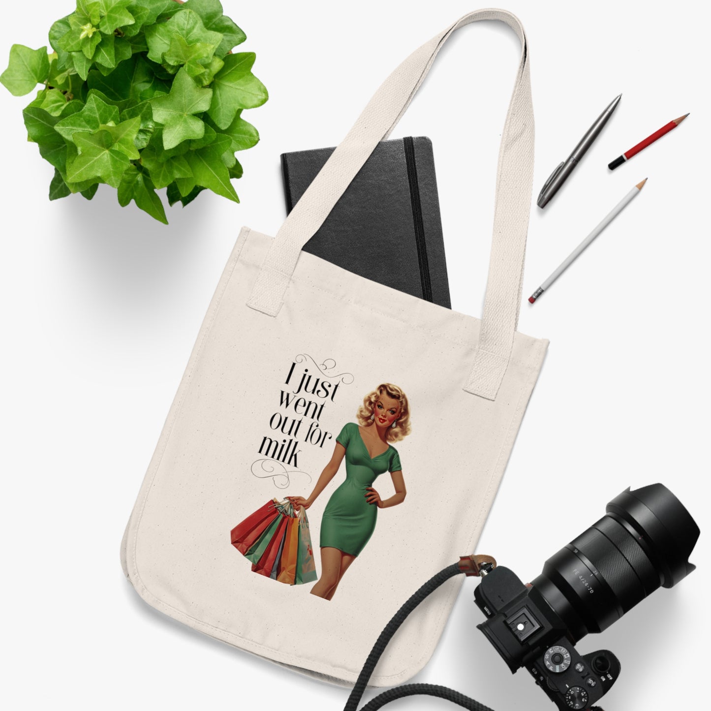 I just went out for milk, Pin Up Girl Tote, Reusable Shopping Bag, Eco-Friendly Grocery Bag, Farmers Market Tote, Everyday Tote Bag