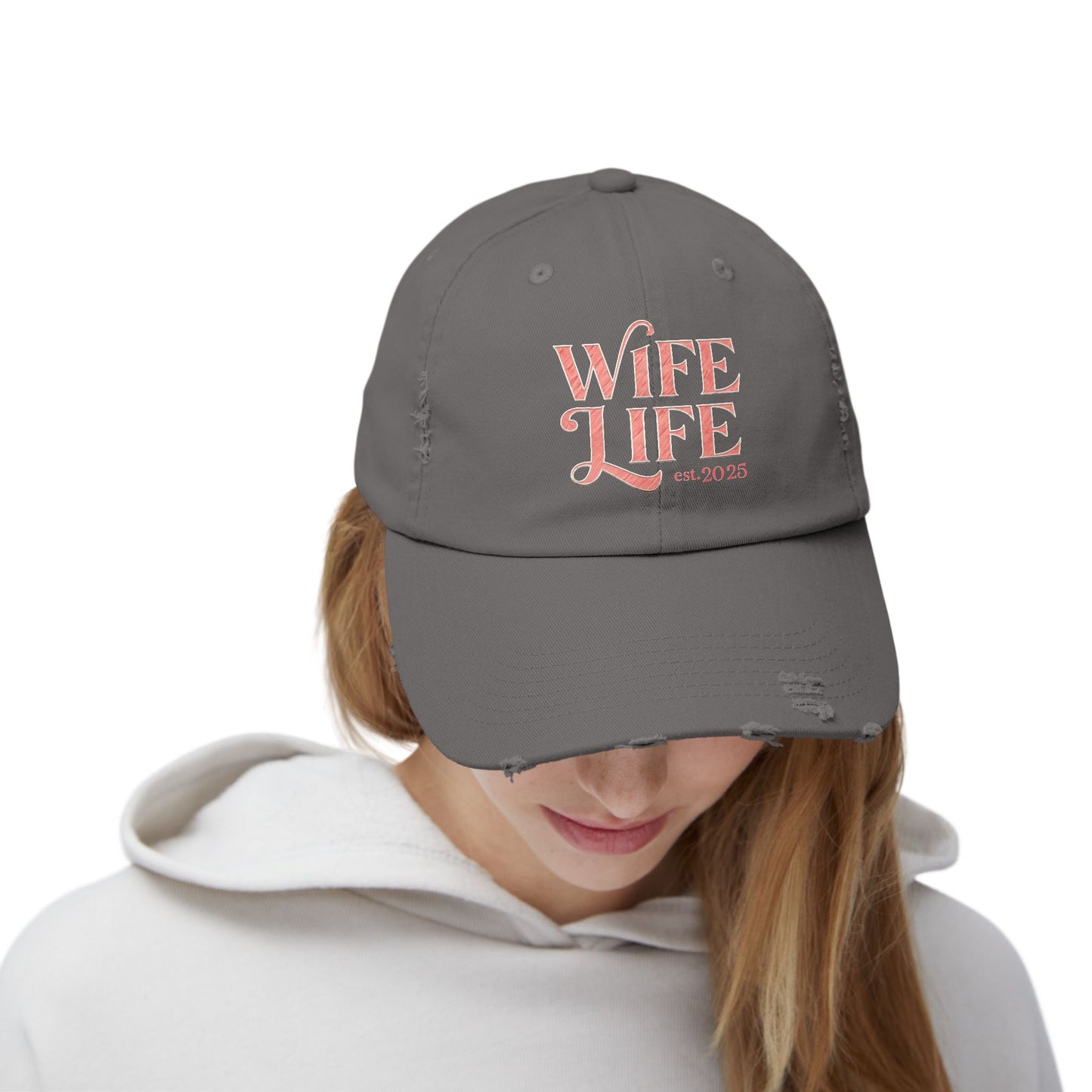 Wife Life Est. 2025 Distressed Ball Cap. Trendy Gift for Newlyweds and Proud Wives! Perfect for Celebrating New Beginnings