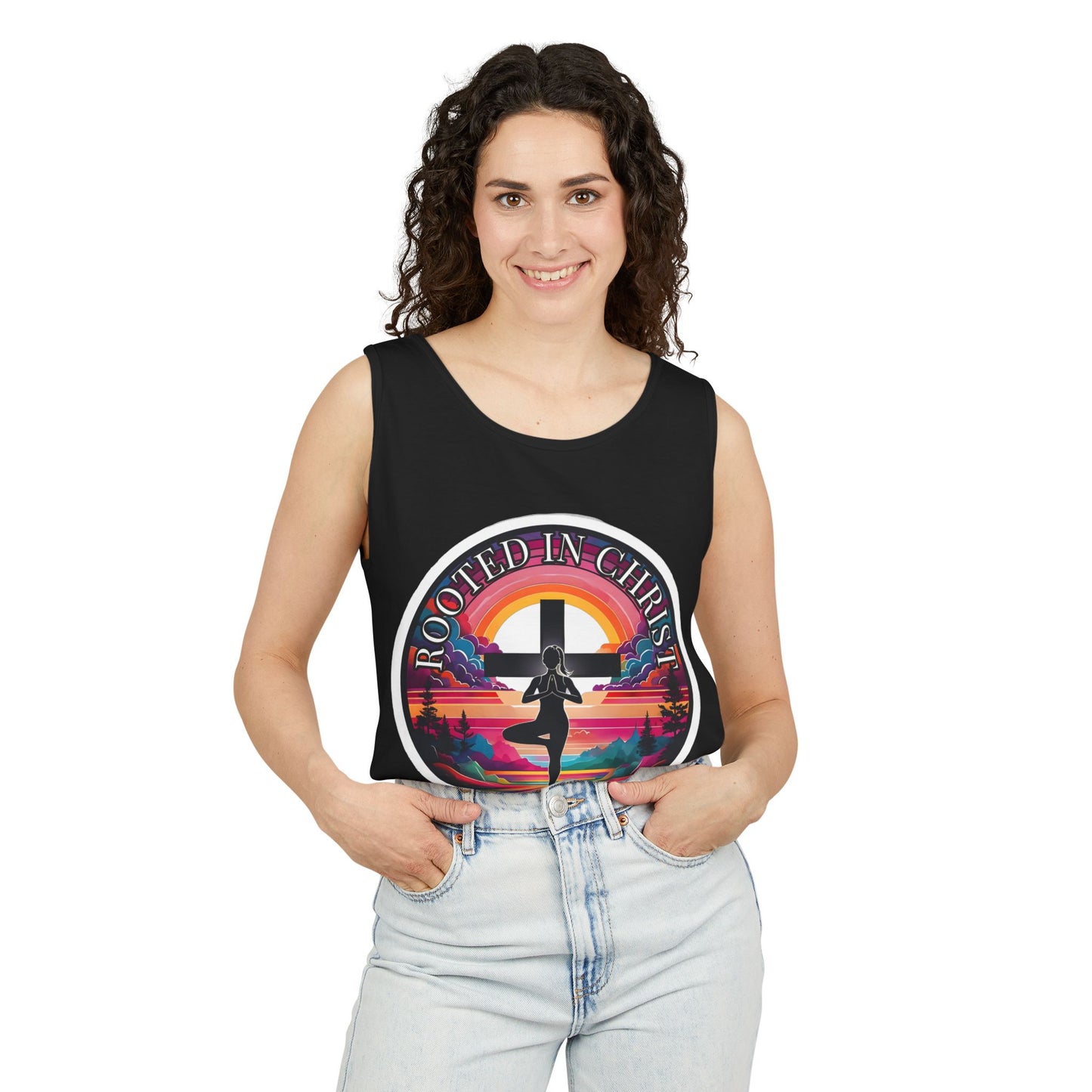 Rooted in Christ Tank Top, Spiritual Christian Yoga Apparel, Peaceful Jesus Vibes, Christian Exercise Gift