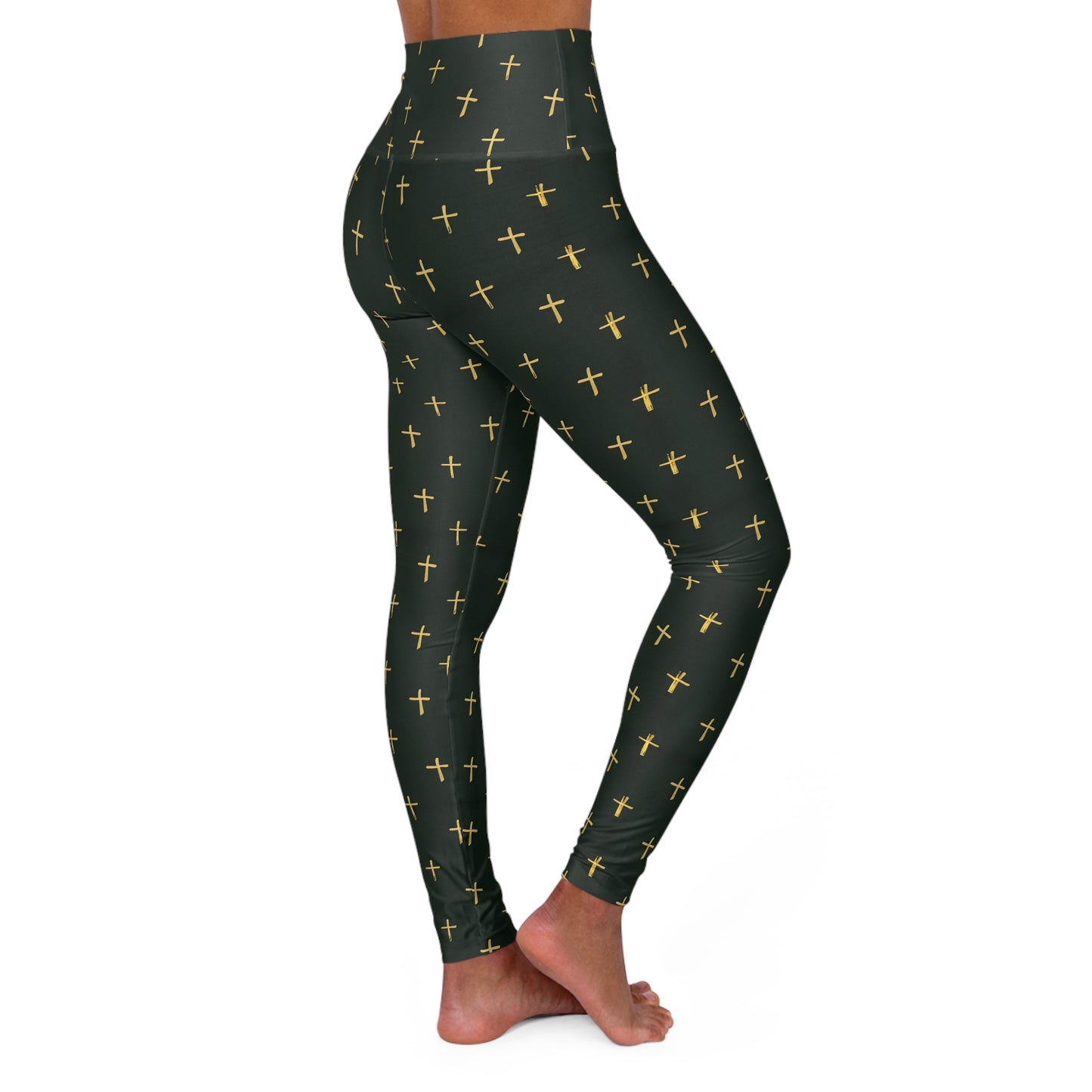 High Waisted Yoga Leggings with Gold Cross Design on Dark Green Background -Elevate Your Workout