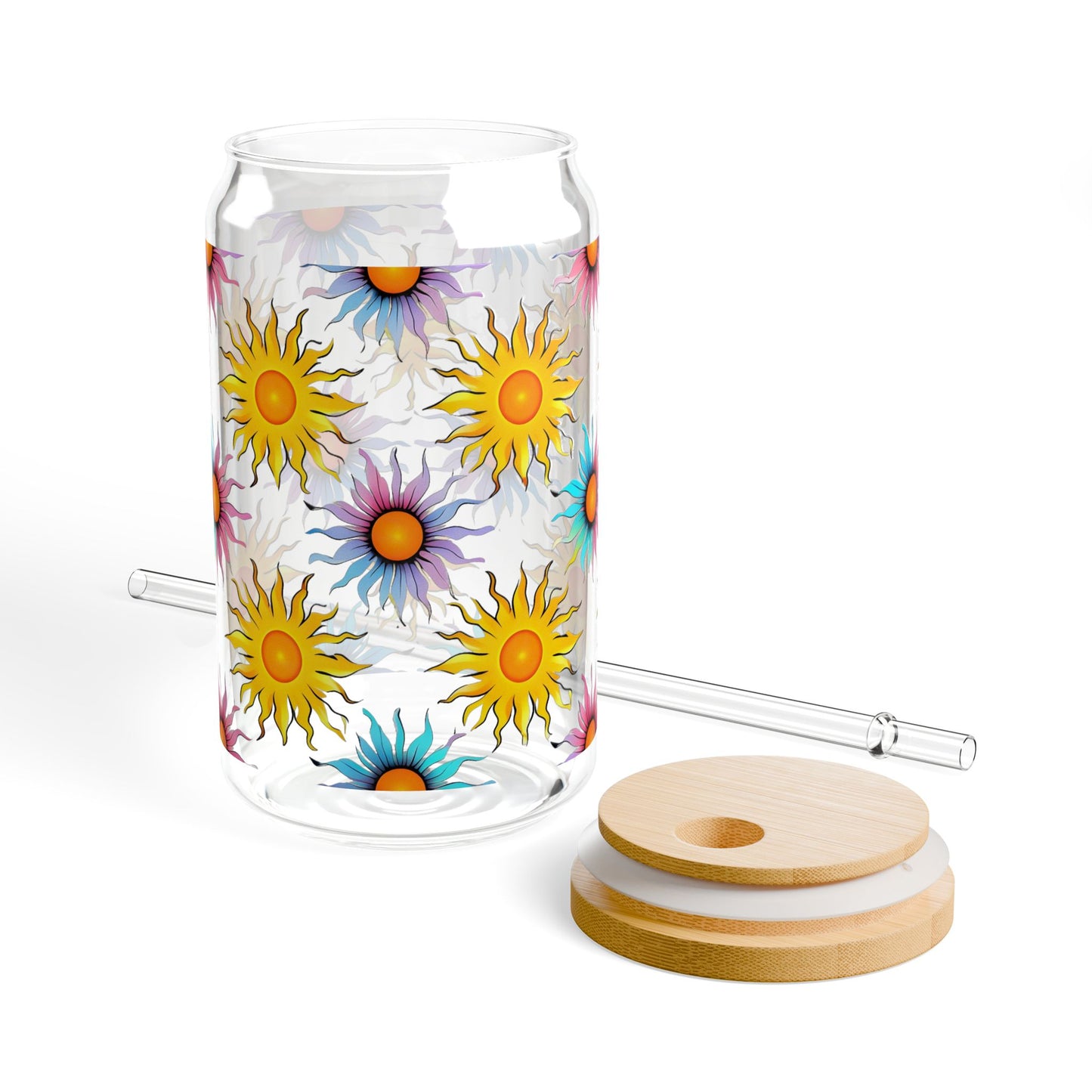 Glass Tumbler, Colorful Vibrant Summer Suns Design, 16oz with Bamboo Lid & Straw