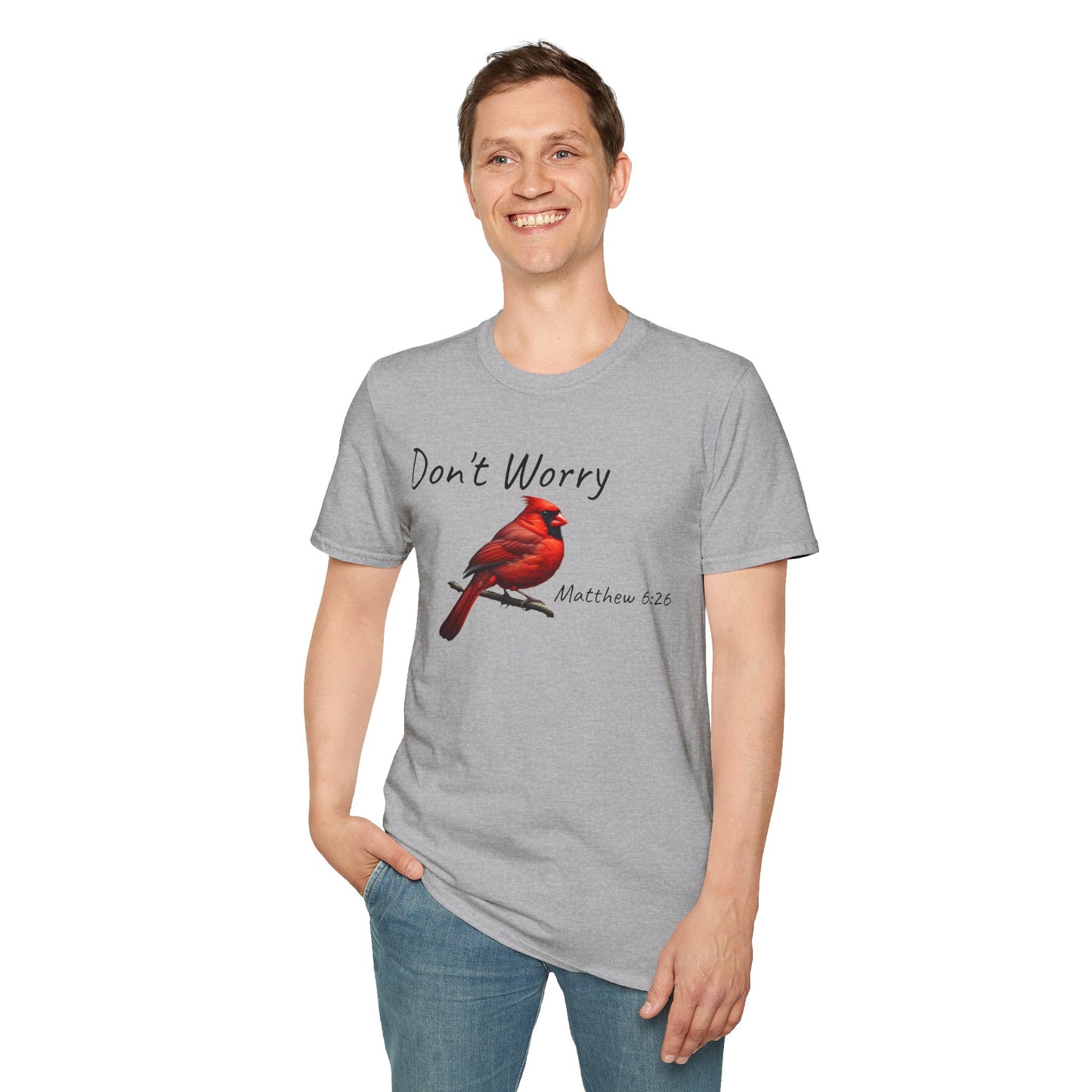 Christian Unisex Softstyle T-Shirt - "Don't Worry" Cardinal Design Matthew 6:26