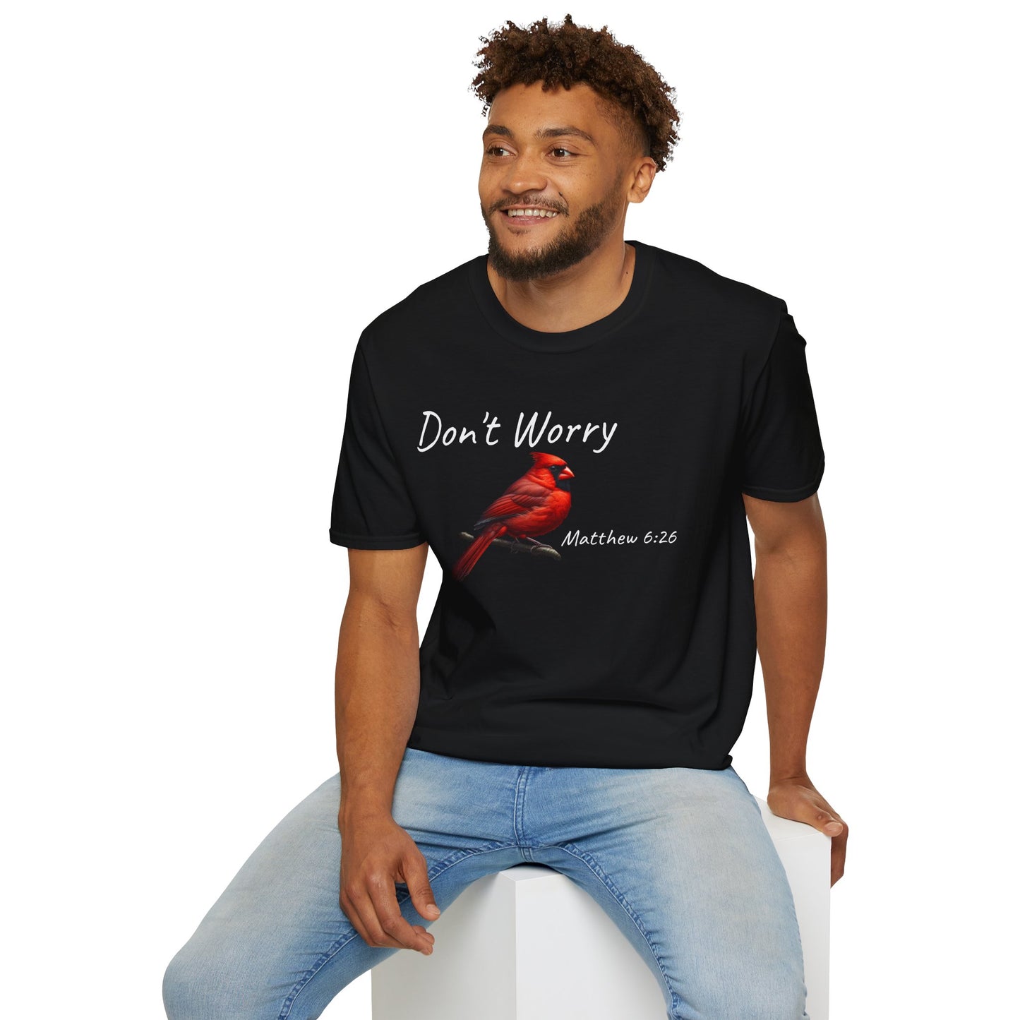 Christian Unisex Softstyle T-Shirt - "Don't Worry" Cardinal Design Matthew 6:26