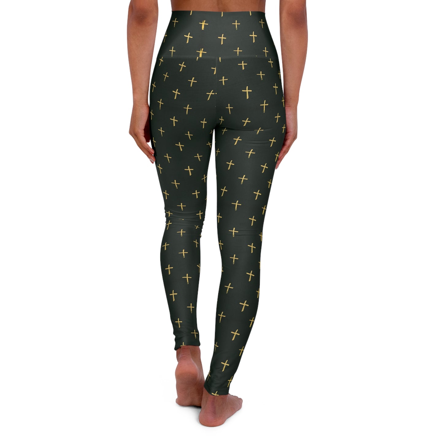 High Waisted Yoga Leggings with Gold Cross Design on Dark Green Background -Elevate Your Workout