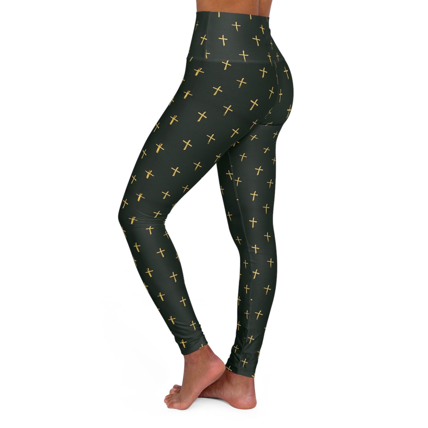 High Waisted Yoga Leggings with Gold Cross Design on Dark Green Background -Elevate Your Workout