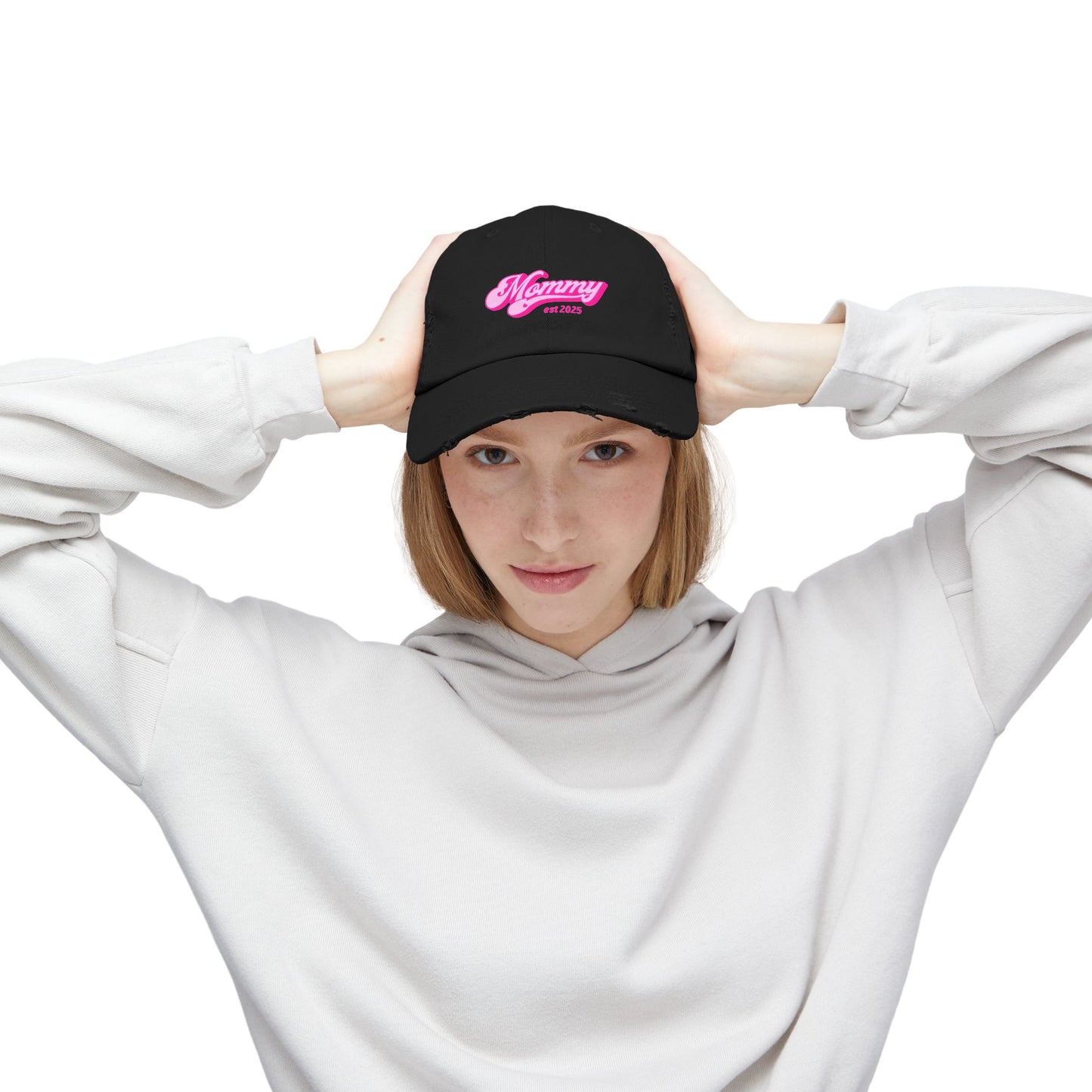 Stylish Distressed Hat - 'Mommy est 2025'