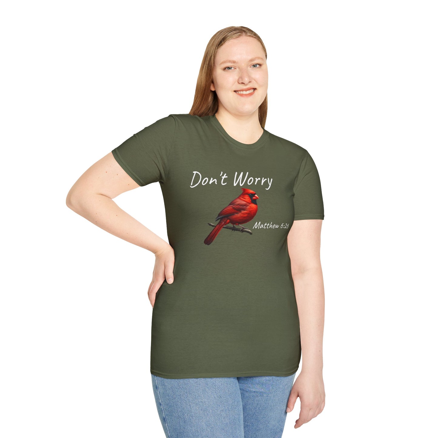 Christian Unisex Softstyle T-Shirt - "Don't Worry" Cardinal Design Matthew 6:26