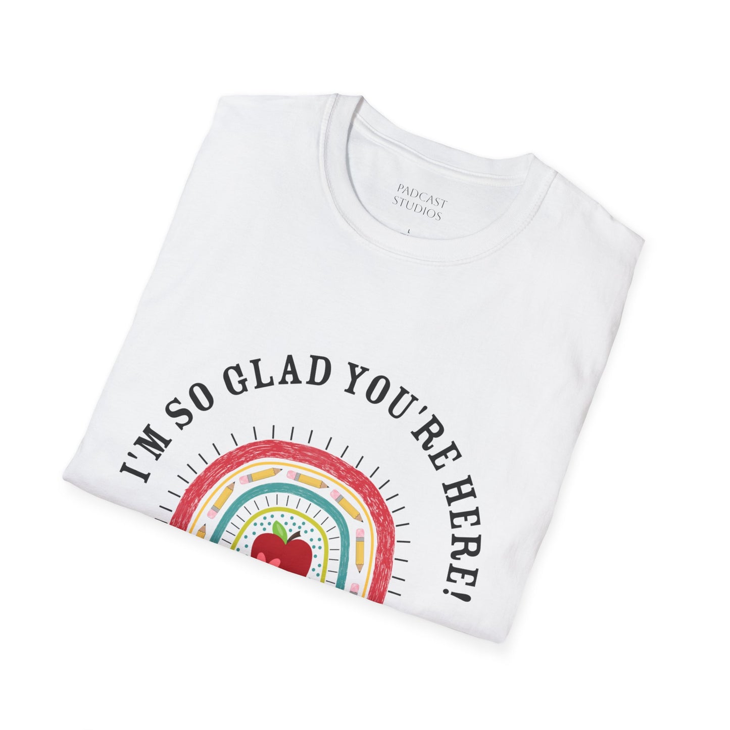 ''m So Glad You're Here! Rainbow, Apple Teacher Graphic T-Shirt Design, Perfect for Gifts, Casual Wear, Teacher Gift, Friends