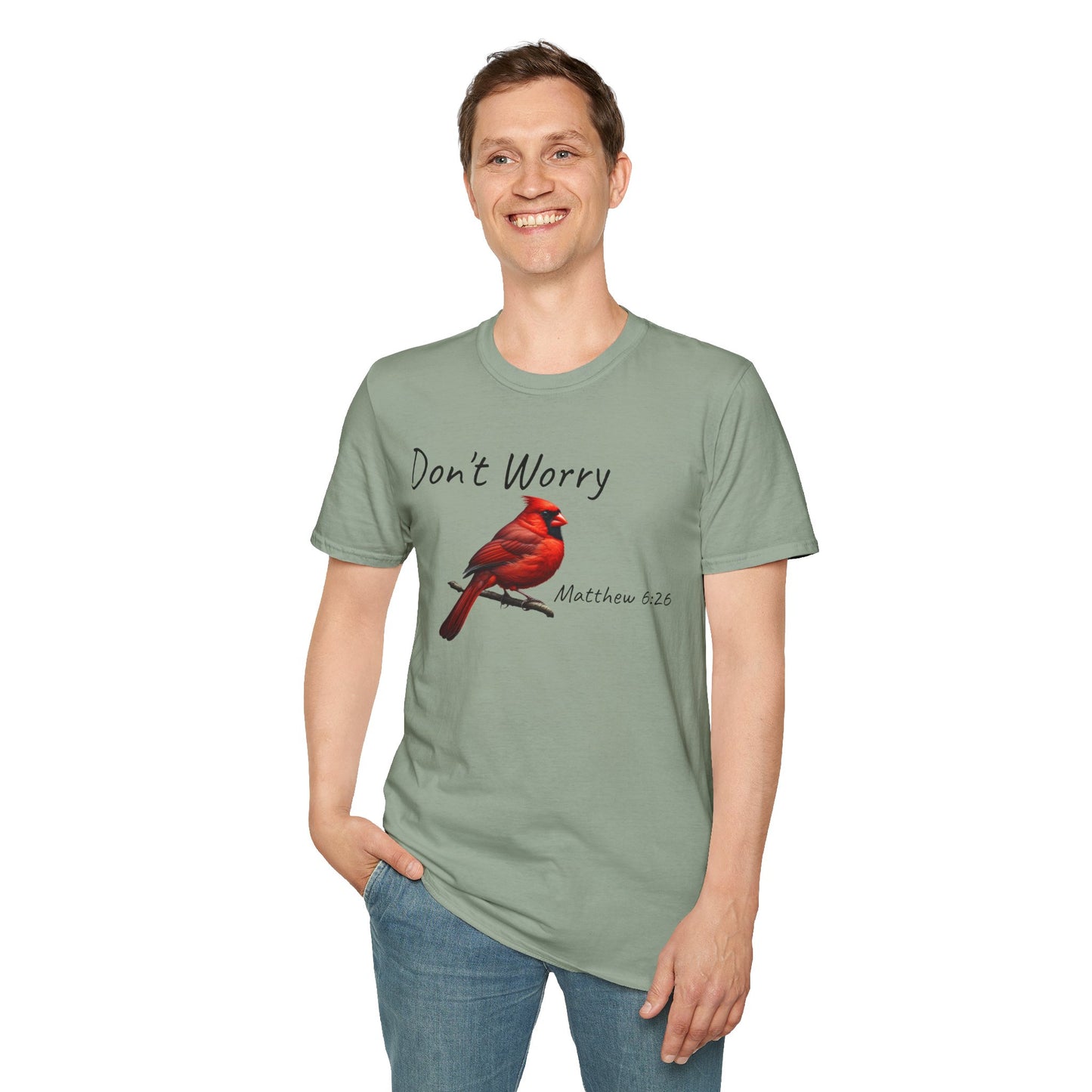 Christian Unisex Softstyle T-Shirt - "Don't Worry" Cardinal Design Matthew 6:26