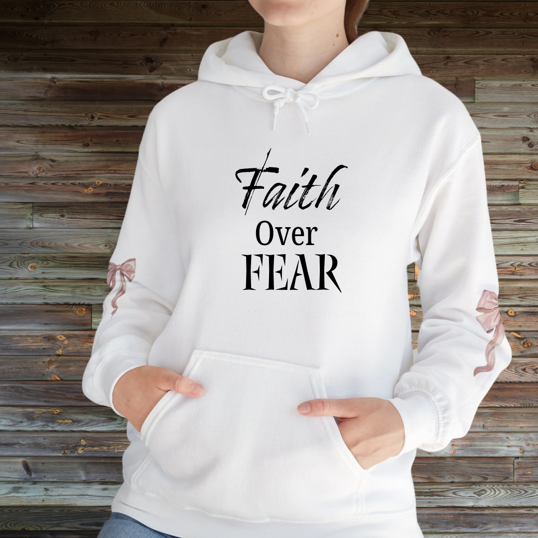 Faith Over Fear Hooded Sweatshirt - Cozy Inspirational Gift, Self-Care, Mindfulness, Motivational Wear, Pink Bows Hoodie