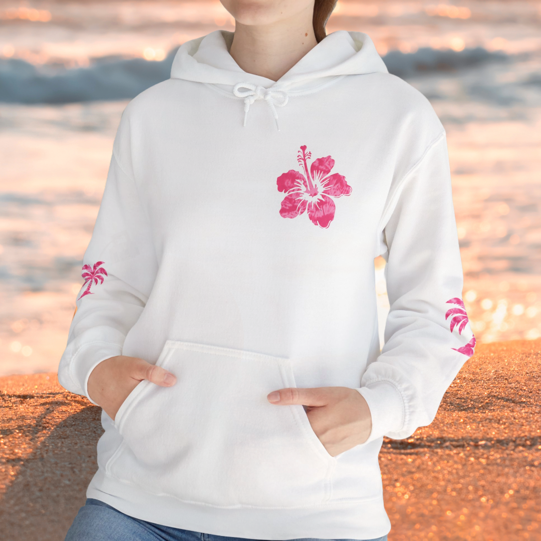 Pink Tropical Tie Dye Palm Tree and Hibiscus Hoodie for Sweatshirt, Pullover