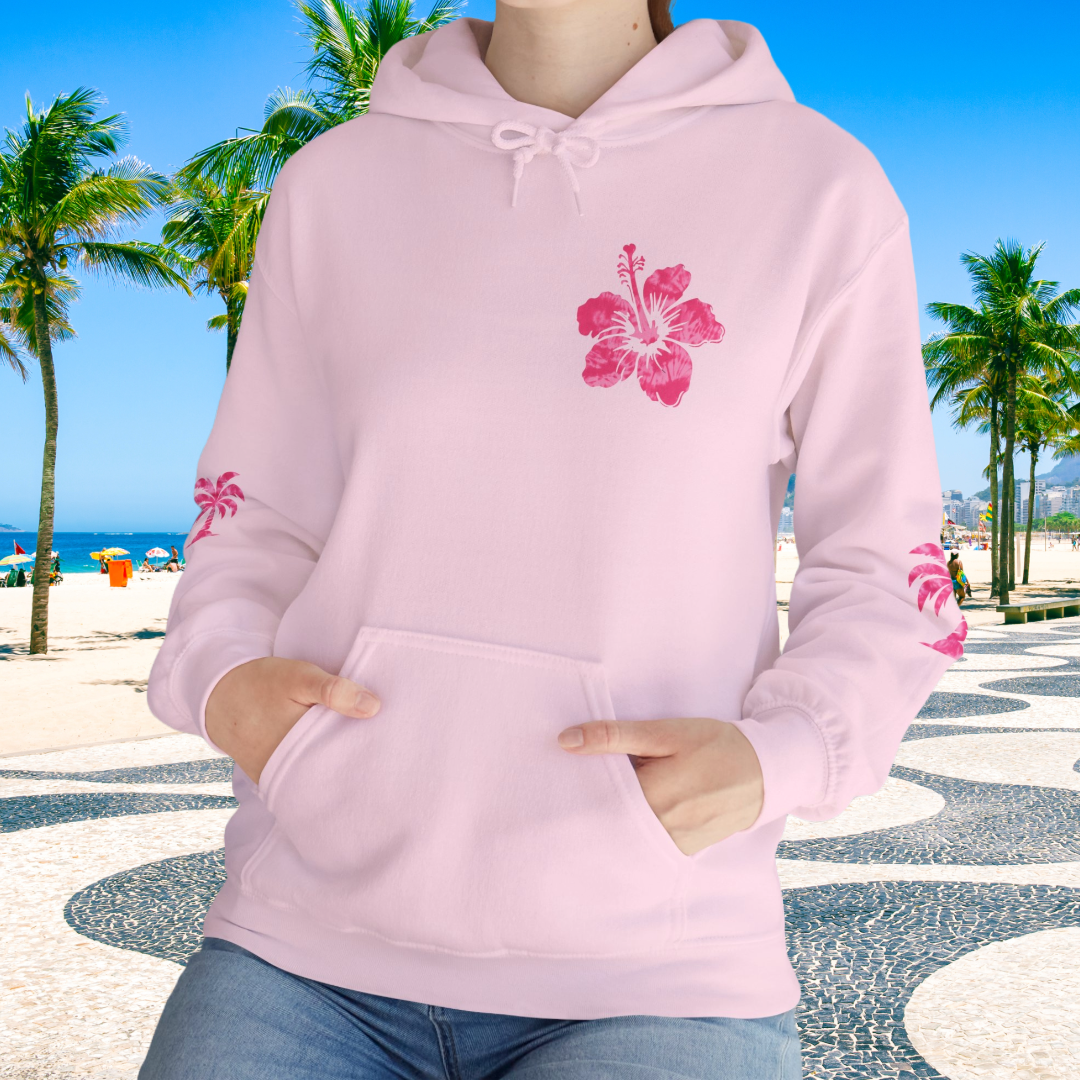Pink Tropical Tie Dye Palm Tree and Hibiscus Hoodie for Sweatshirt, Pullover