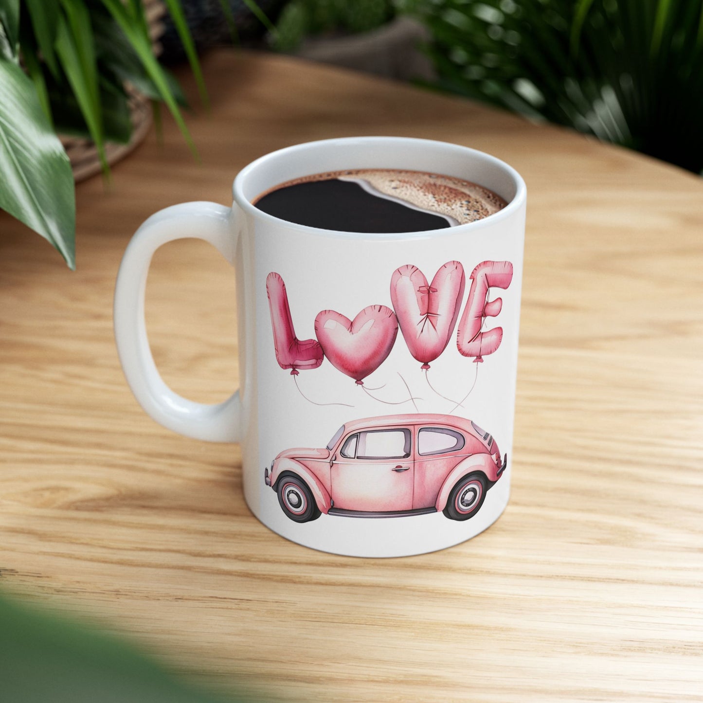 Vintage Love Car with Balloons Ceramic Mug - Ideal Gift