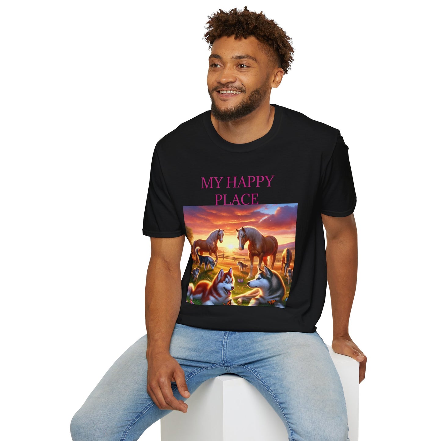 My Happy Place- Softstyle T-Shirt – Cozy Animal Scene Tee for Nature Lovers