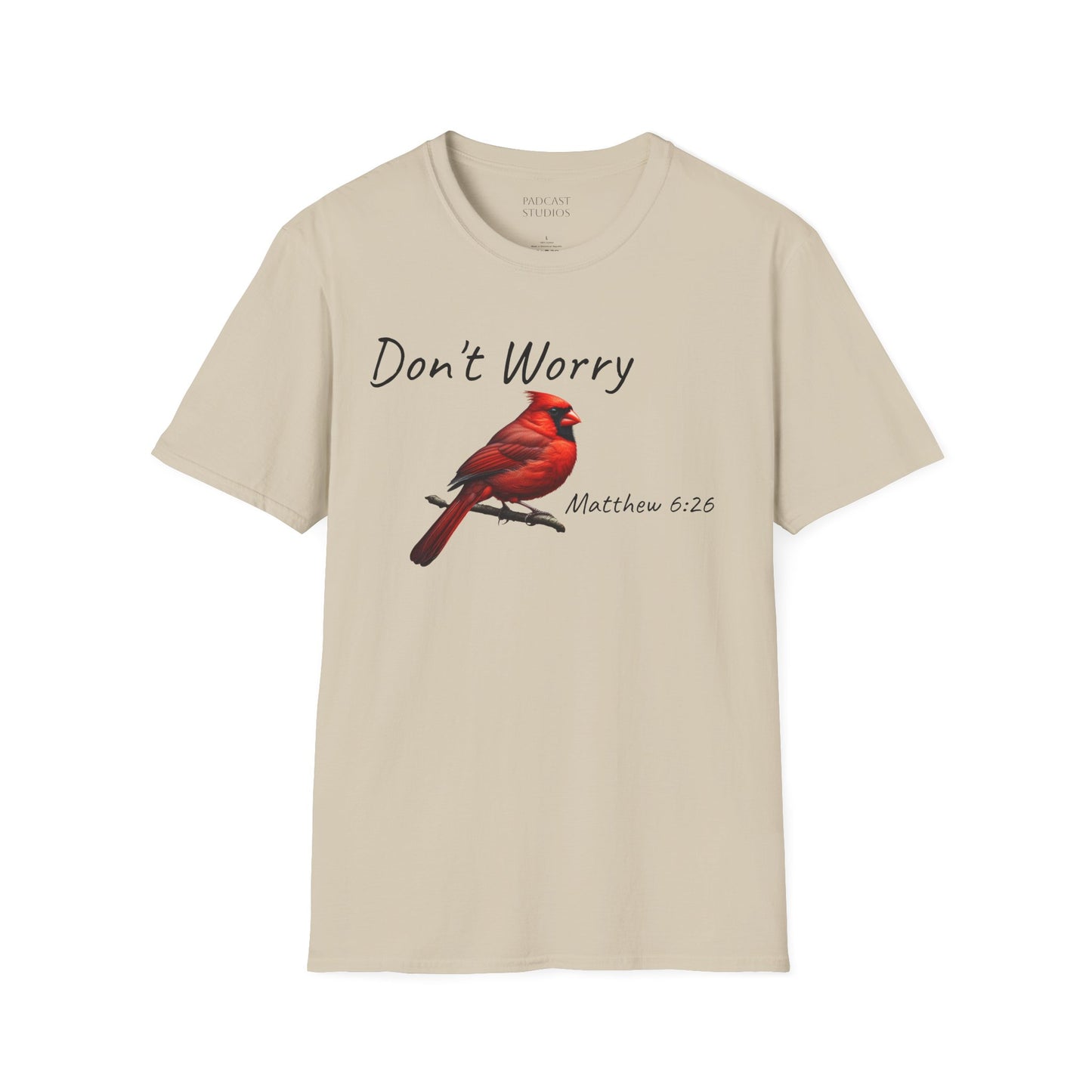 Christian Unisex Softstyle T-Shirt - "Don't Worry" Cardinal Design Matthew 6:26