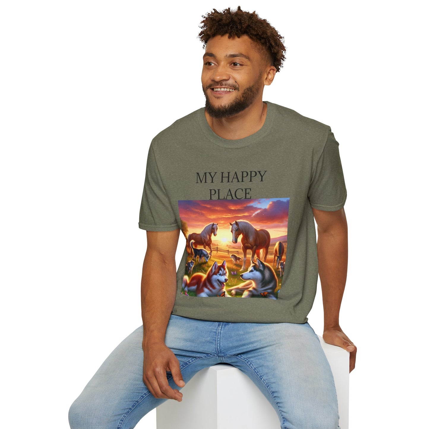 My Happy Place- Softstyle T-Shirt – Cozy Animal Scene Tee for Nature Lovers