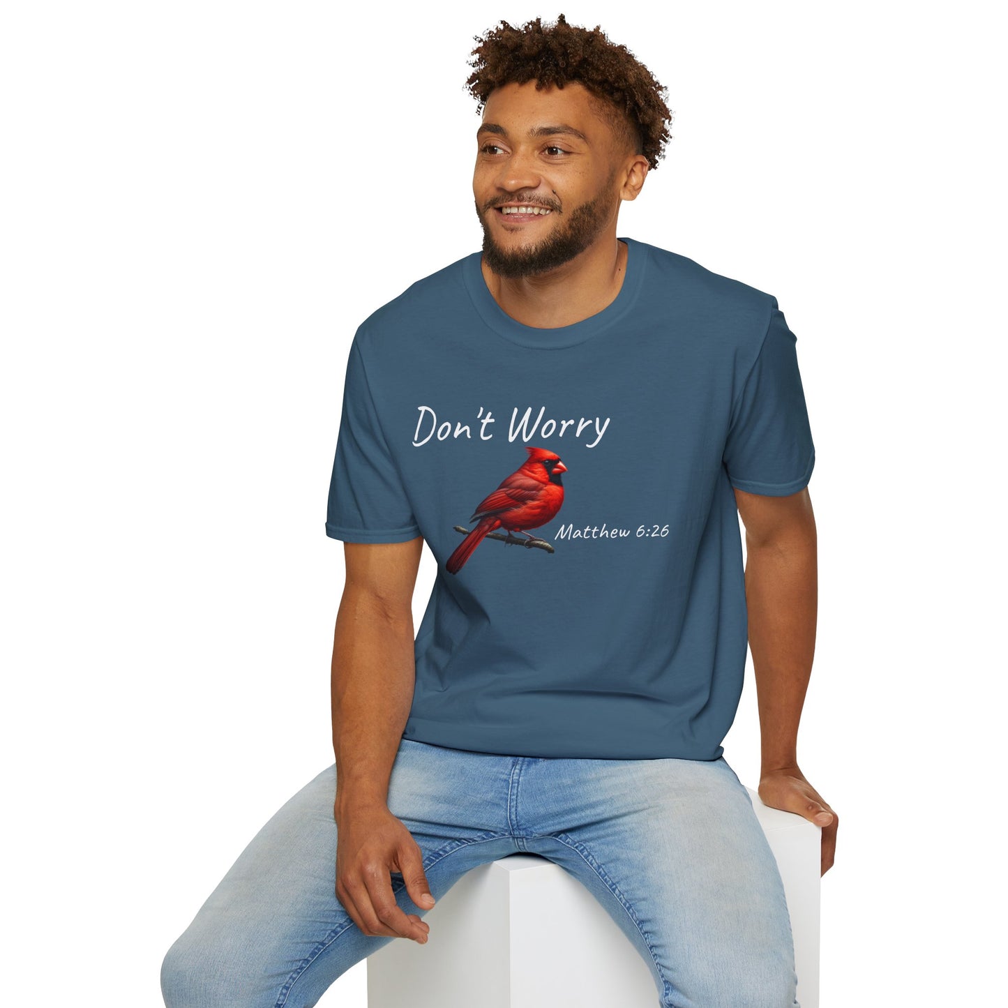 Christian Unisex Softstyle T-Shirt - "Don't Worry" Cardinal Design Matthew 6:26