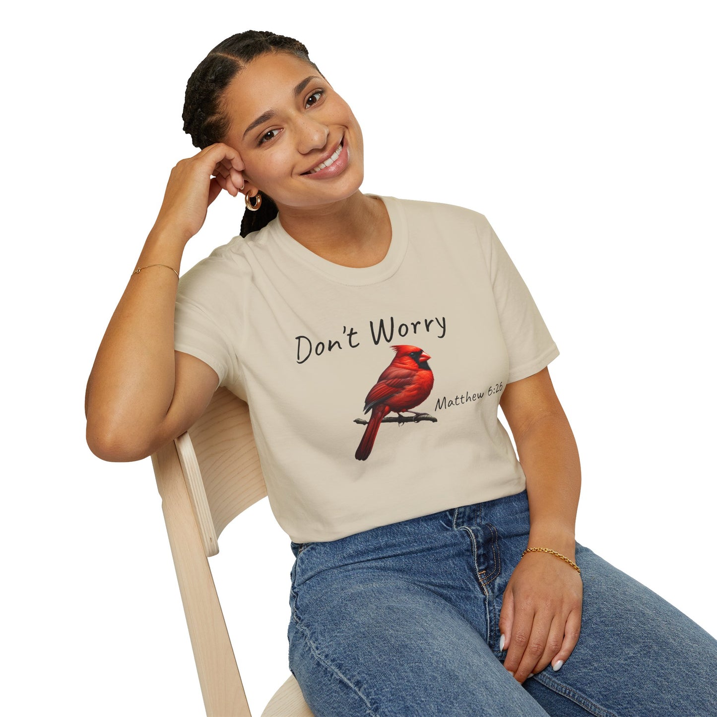 Christian Unisex Softstyle T-Shirt - "Don't Worry" Cardinal Design Matthew 6:26