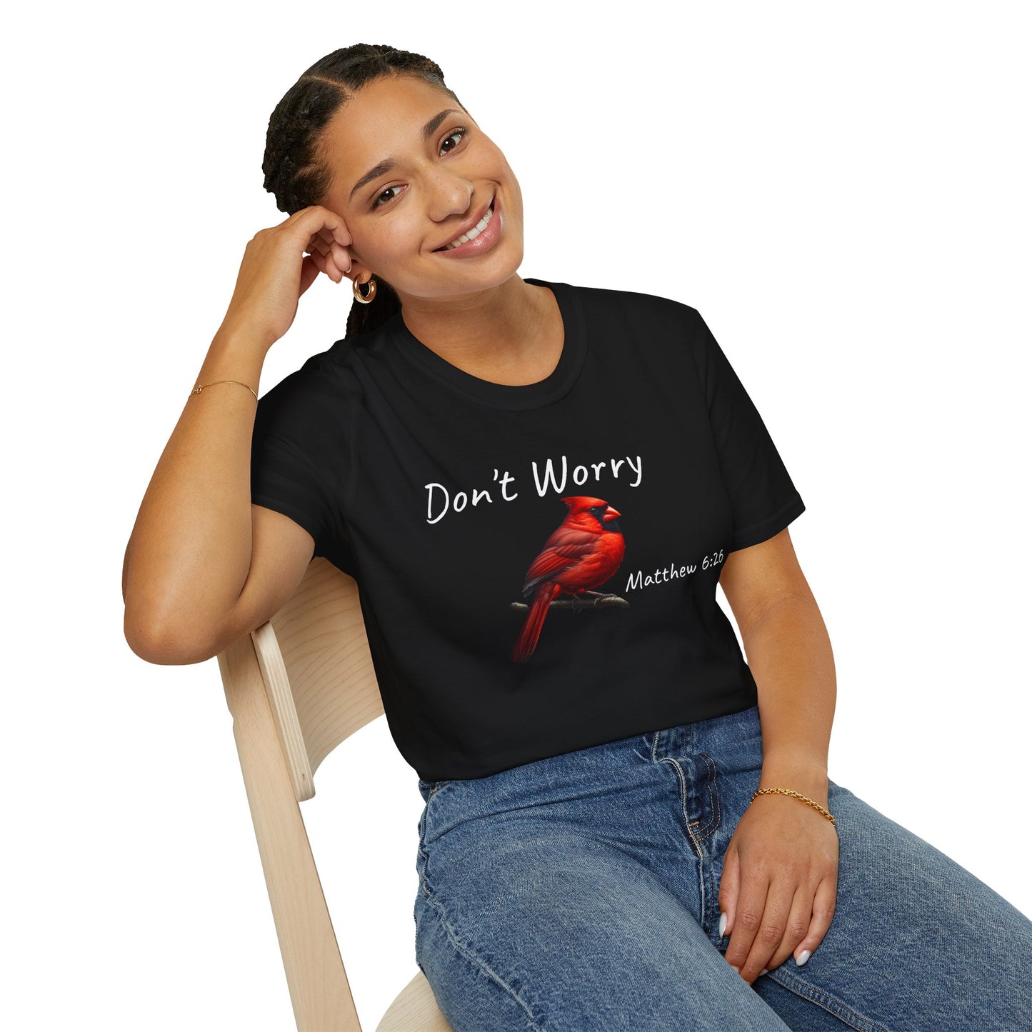 Christian Unisex Softstyle T-Shirt - "Don't Worry" Cardinal Design Matthew 6:26