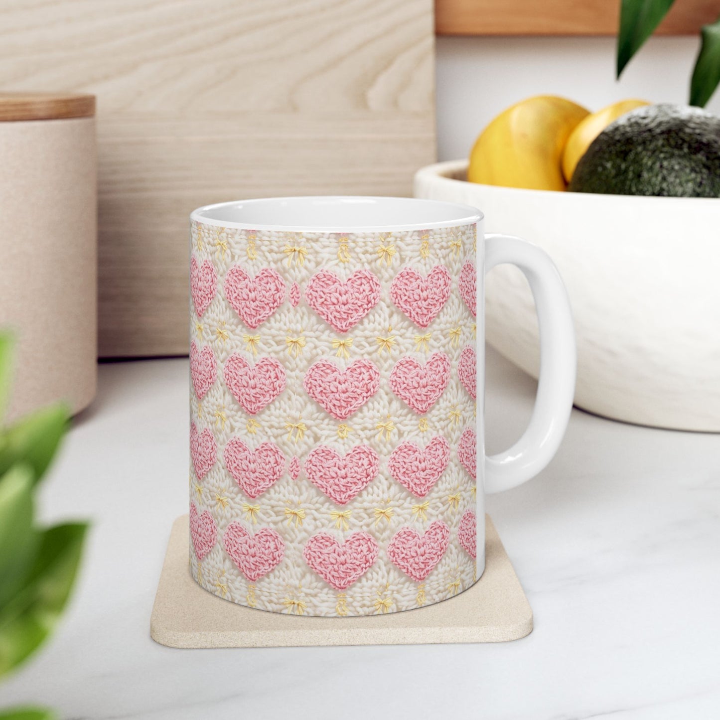 Crochet Love Heart Pattern Ceramic Mug - Perfect for Valentine's Day and Cozy Moments