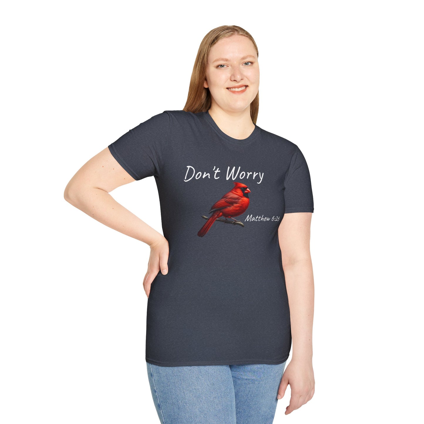 Christian Unisex Softstyle T-Shirt - "Don't Worry" Cardinal Design Matthew 6:26
