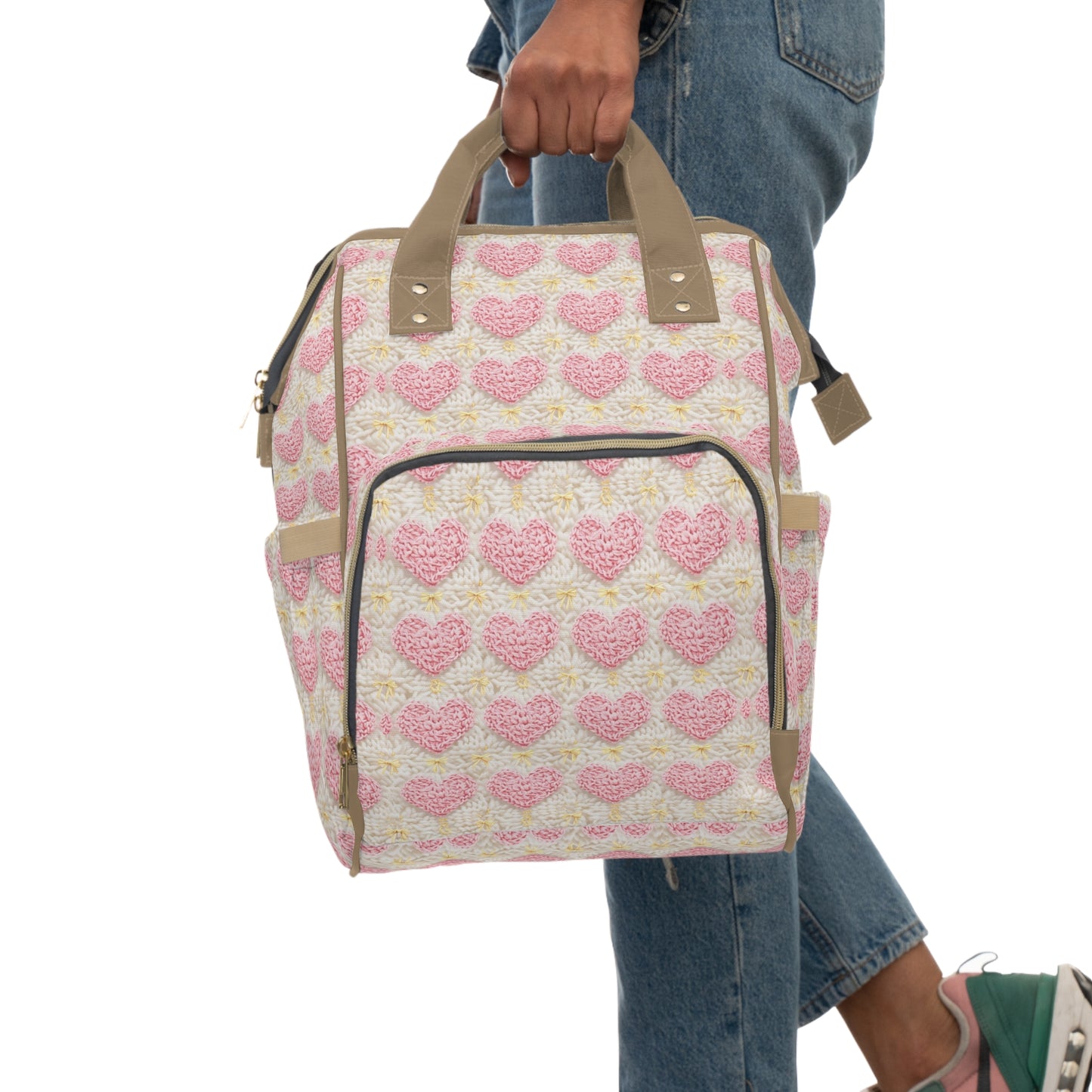 Pink Heart Crochet Pattern Diaper Backpack - Versatile Baby Bag for Parents