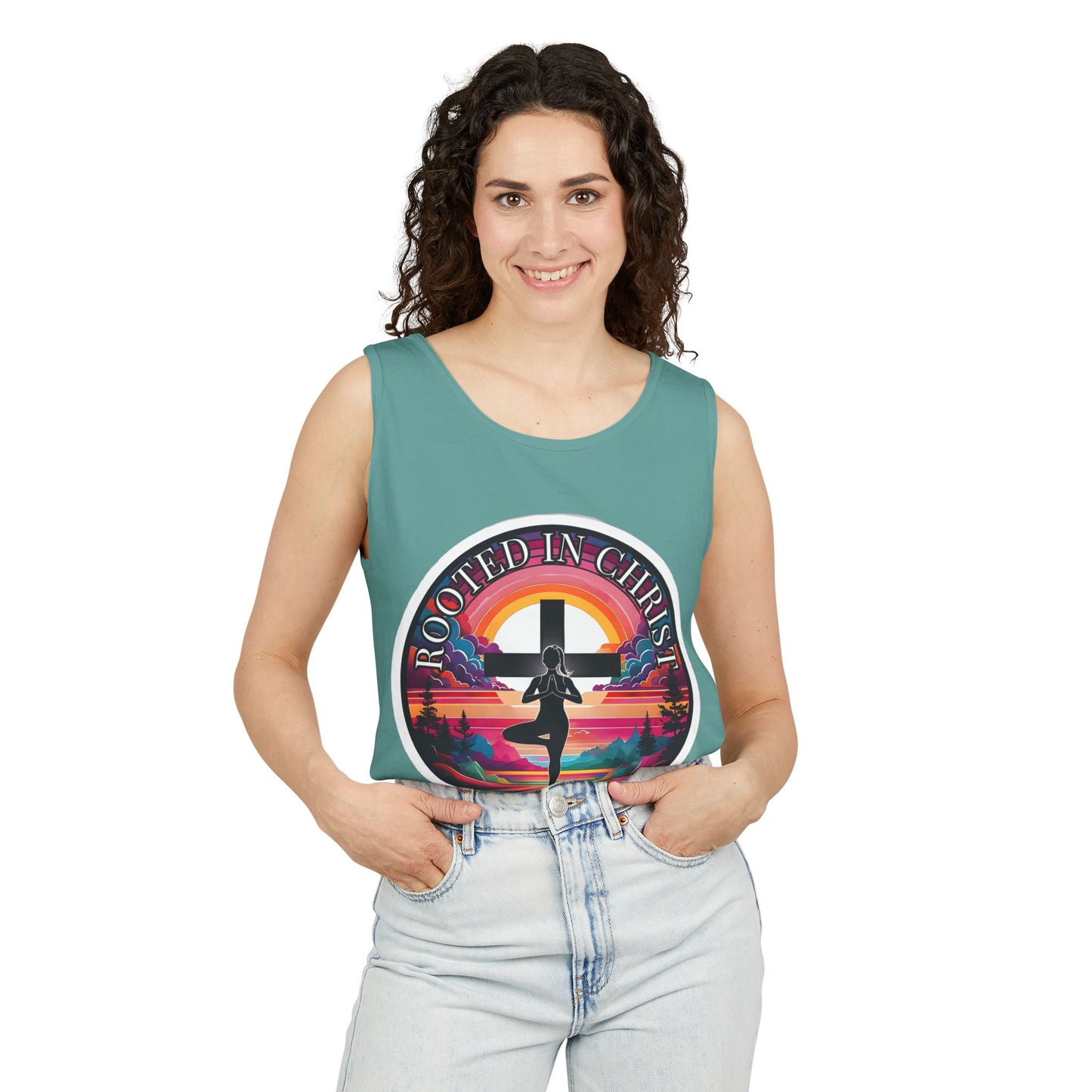 Rooted in Christ Tank Top, Spiritual Christian Yoga Apparel, Peaceful Jesus Vibes, Christian Exercise Gift