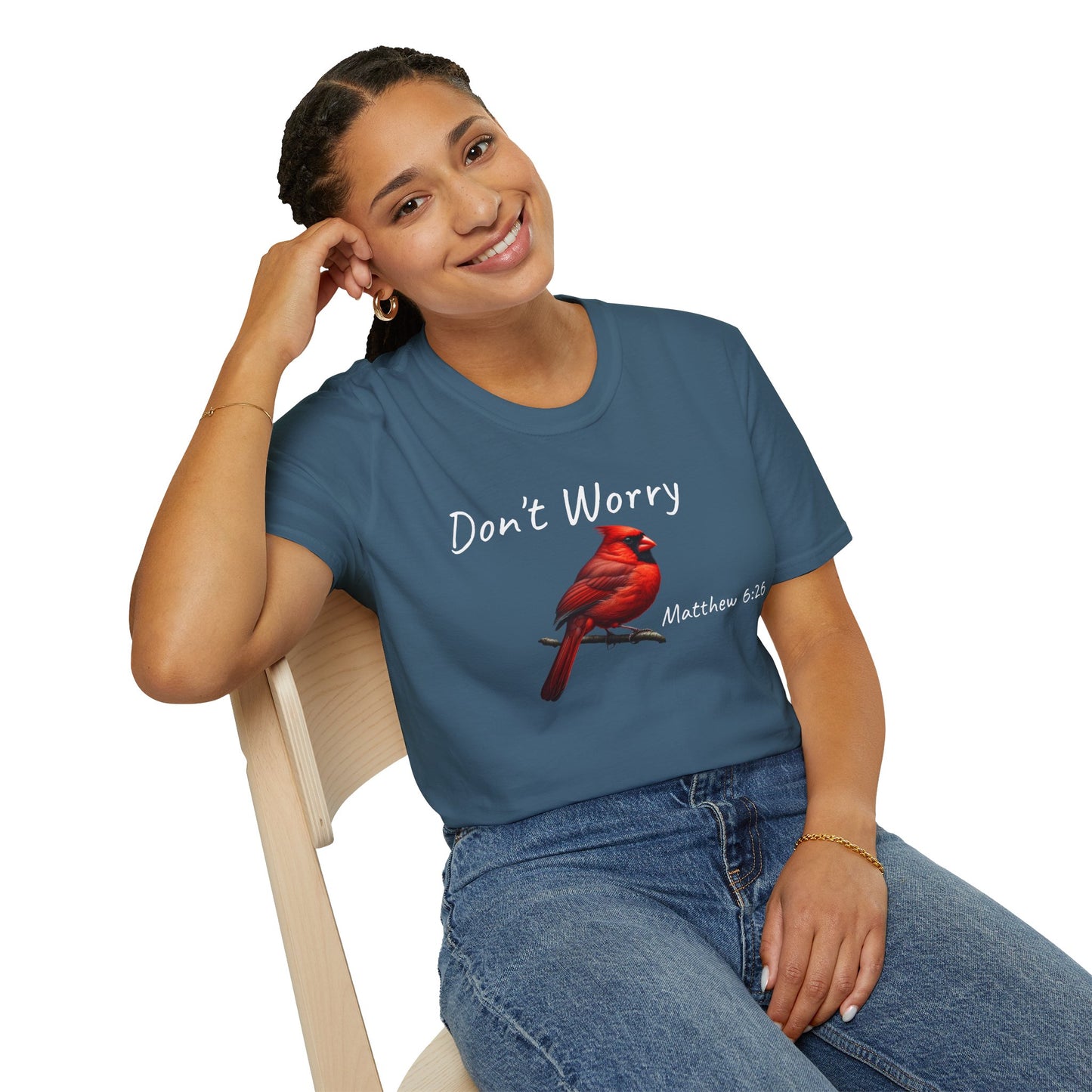 Christian Unisex Softstyle T-Shirt - "Don't Worry" Cardinal Design Matthew 6:26