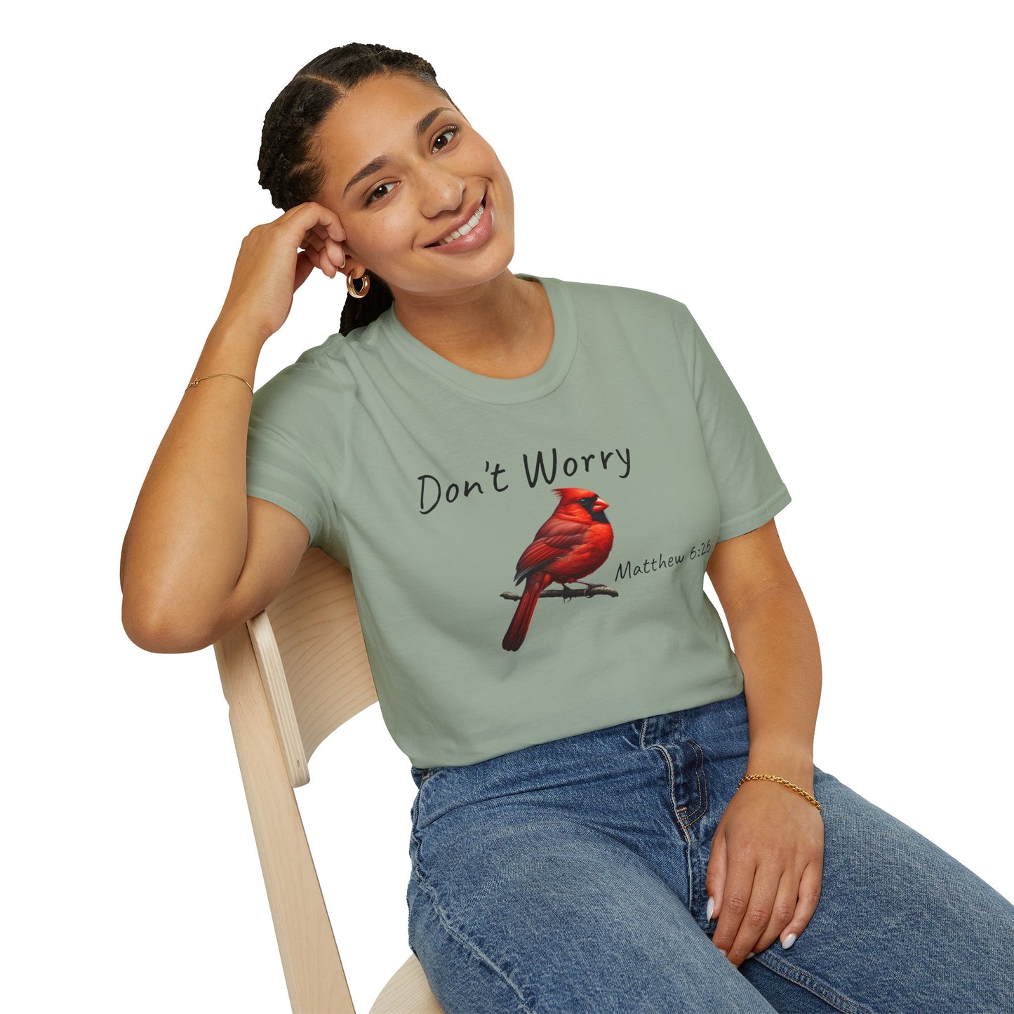 Christian Unisex Softstyle T-Shirt - "Don't Worry" Cardinal Design Matthew 6:26