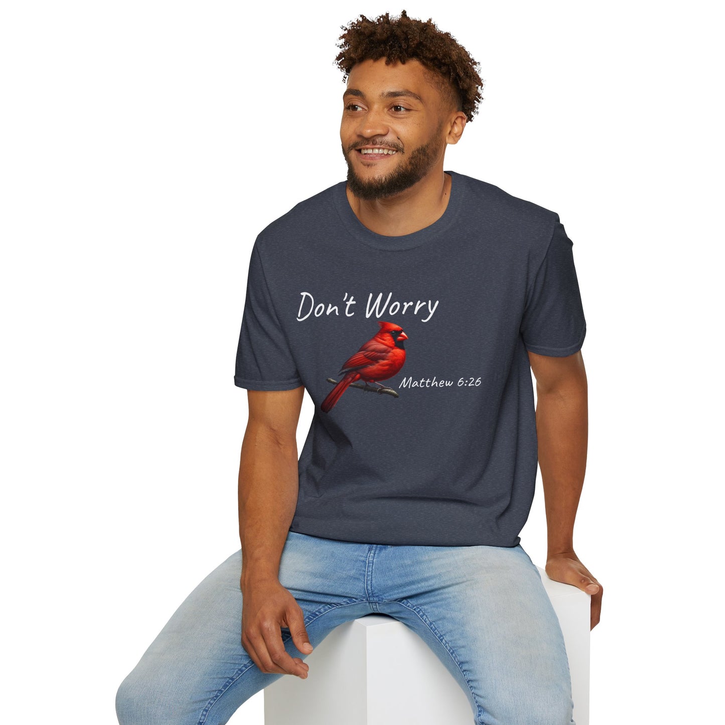 Christian Unisex Softstyle T-Shirt - "Don't Worry" Cardinal Design Matthew 6:26