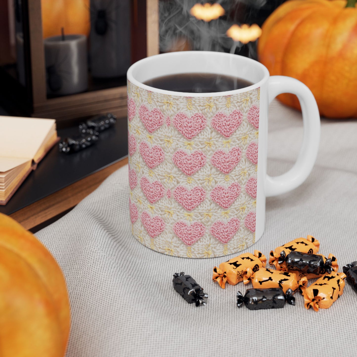 Crochet Love Heart Pattern Ceramic Mug - Perfect for Valentine's Day and Cozy Moments