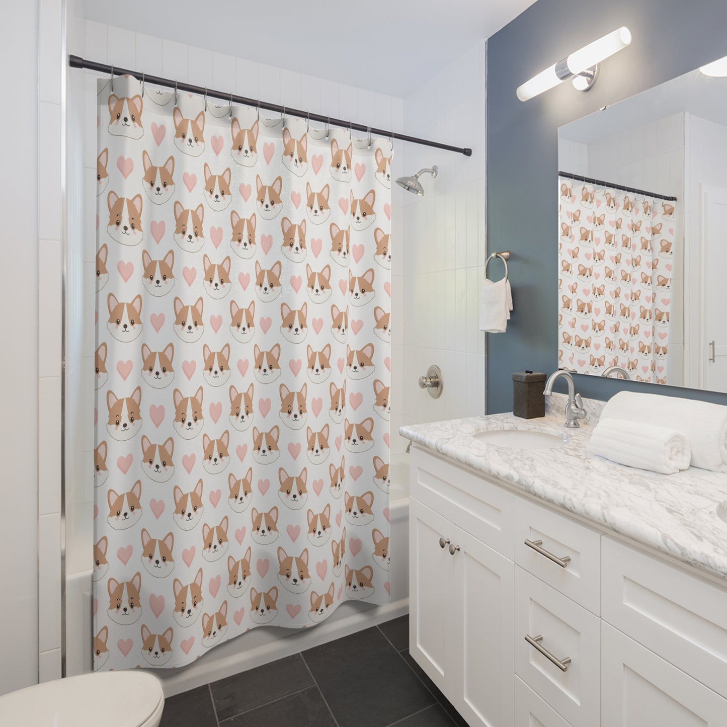Adorable Corgi Shower Curtain with Hearts - Fun Decor for Pet Lovers