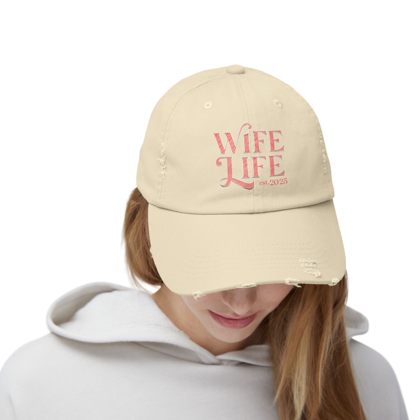 Wife Life Est. 2025 Distressed Ball Cap. Trendy Gift for Newlyweds and Proud Wives! Perfect for Celebrating New Beginnings