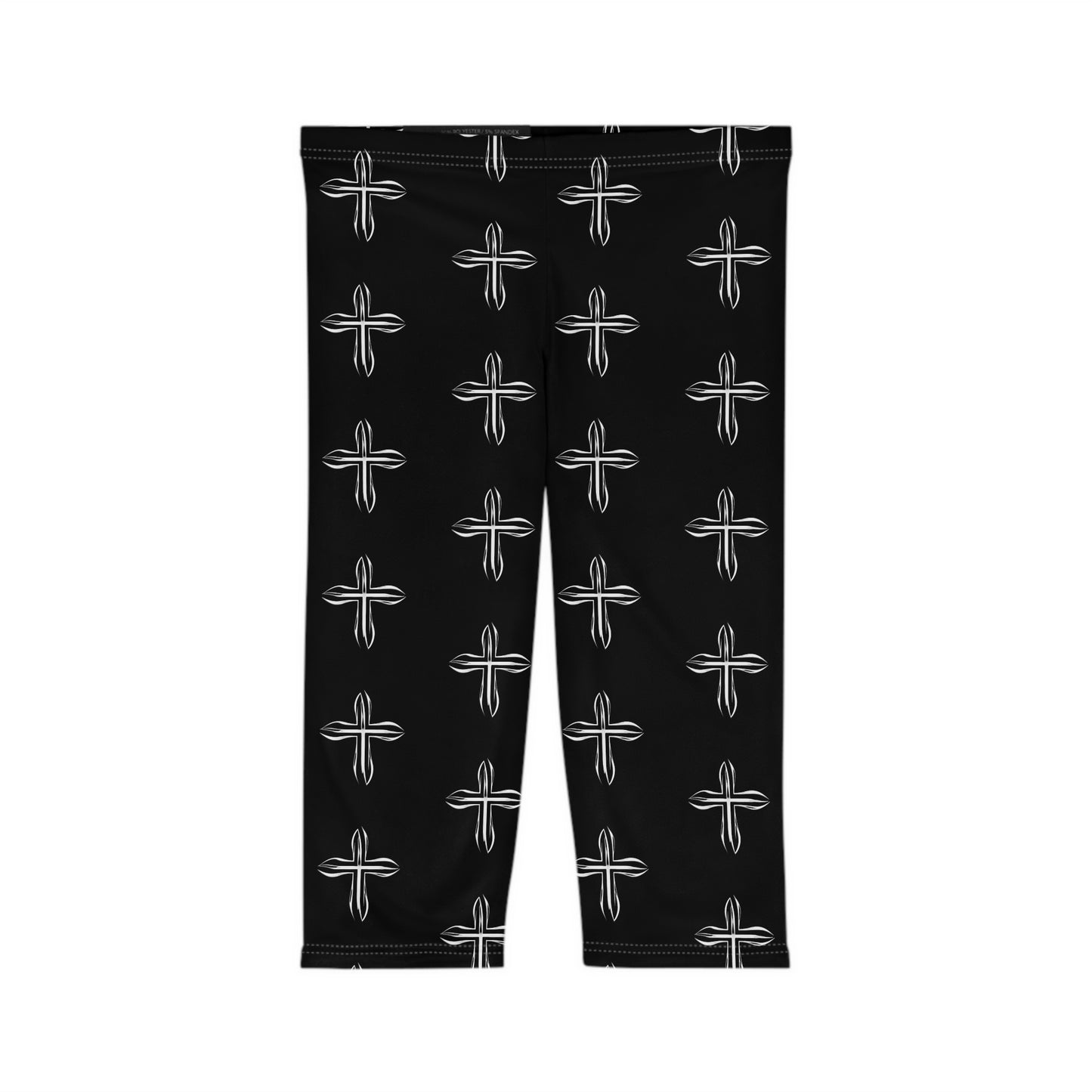 Stylish Black Cross Pattern Women’s Capri Leggings for Yoga, Fitness & Casual Wear